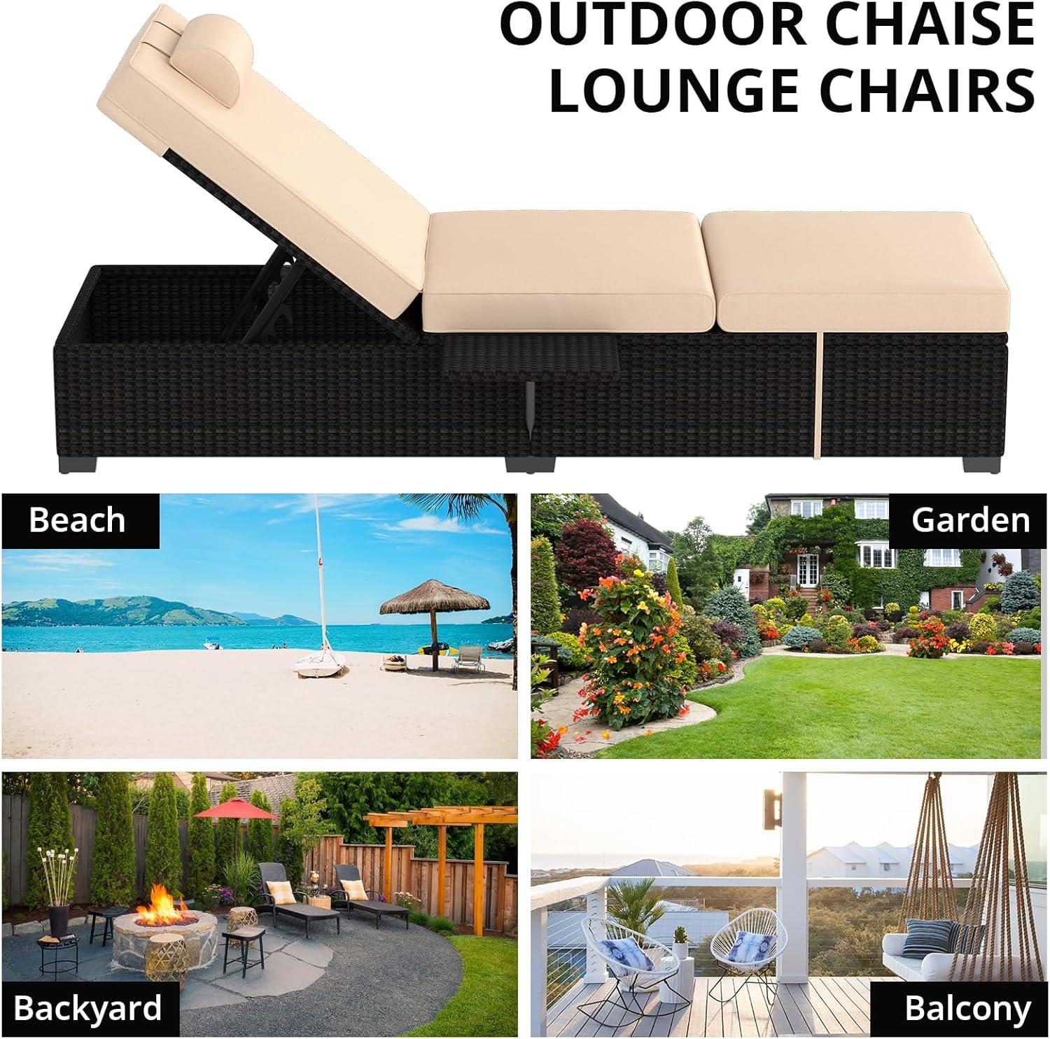 Lounge Chairs Outdoor Set of 2, PE Rattan Chaise Lounge Chair with 5-Position Adjustable Backrest for Patio Beach Pool Deck Backyard, Beige