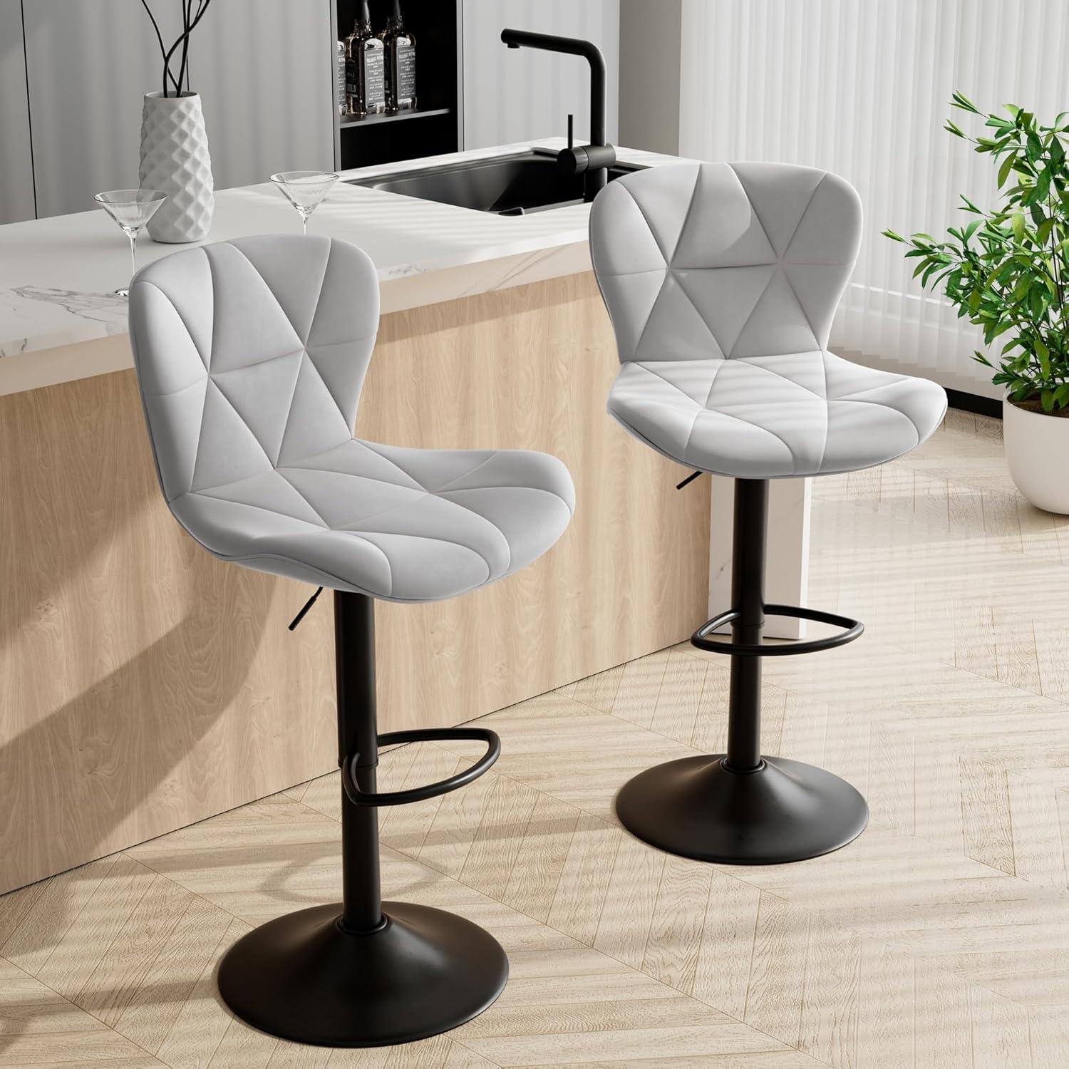 Modern Bar Stool Set of 2, Adjustable Faux Leather Upholstered Swivel Counter Stools, Counter Height Barstools with Back for Kitchen Island, Light Grey