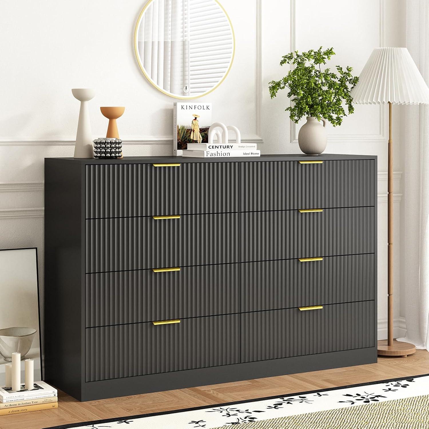 Fluted Dresser For Bedroom With 8 Drawers, 55" Wide Modern Chest Of Drawers With Metal Handle