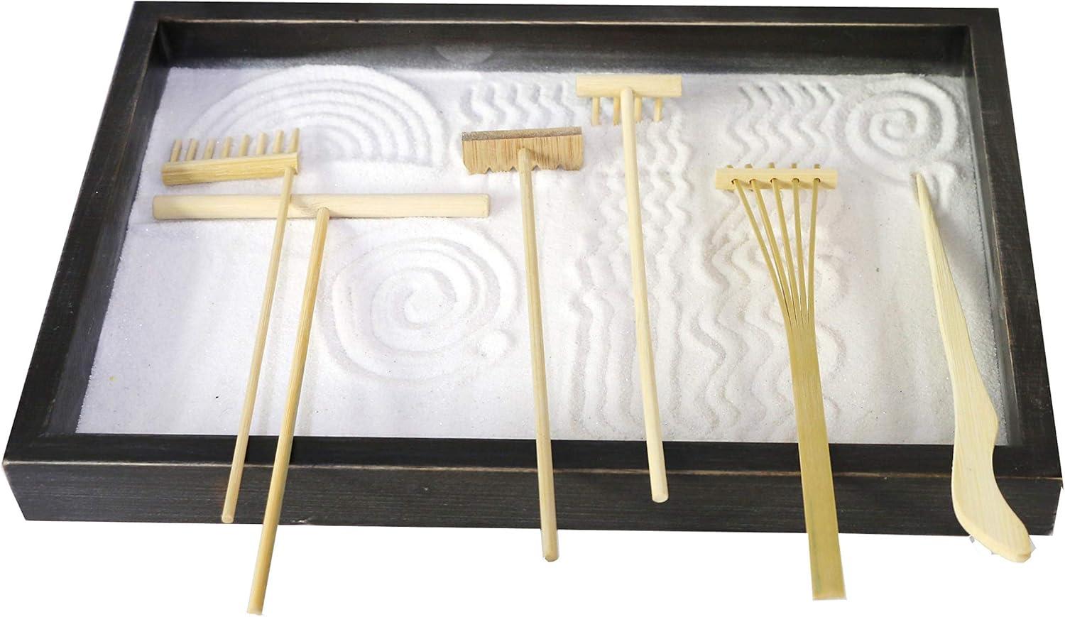 Zen Garden Rake Stamp Tools - Meditation Rock Sand Garden Accessories – Office Desktop Mini Zen Gifts for Man Women Bamboo Rakes Holder Brusher Spoon Figurines