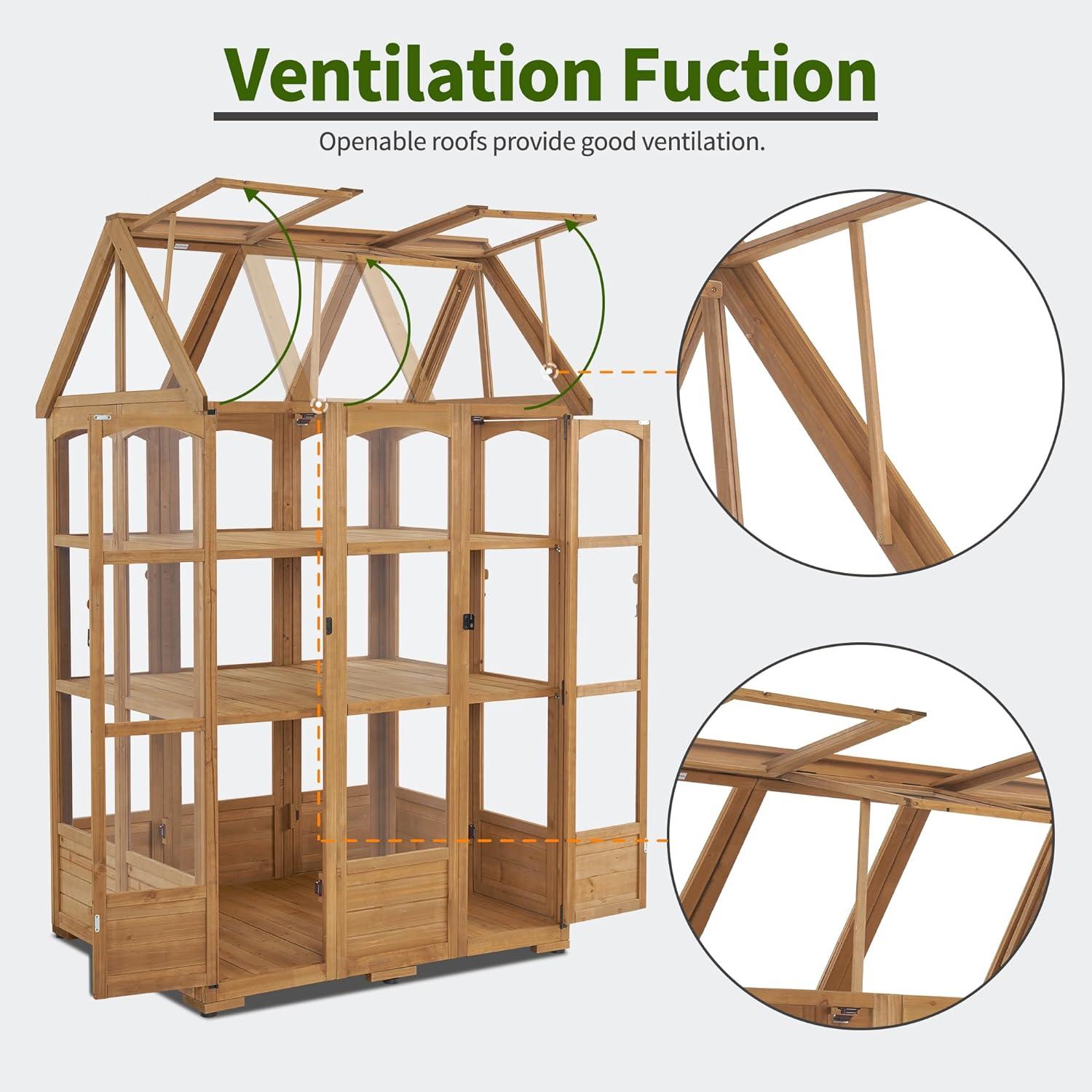 Natural Fir Wood Outdoor Greenhouse with Adjustable Roof Vent