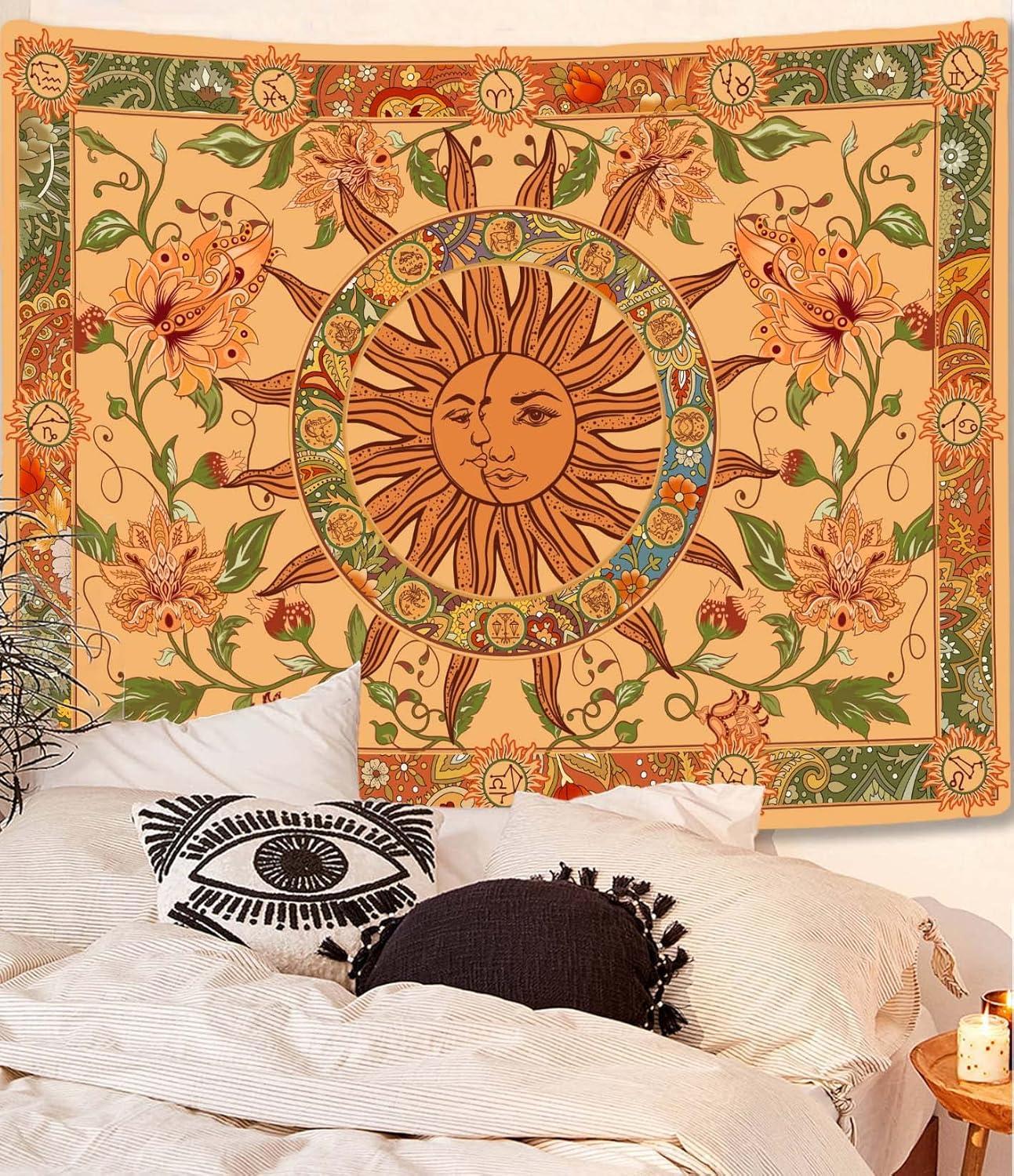 Yellow Sun and Moon Tapestry Vintage Indie Boho Tapestry Wall Hanging with Sunflowers Butterfly Moth Constellation Aesthetic Wall Tapestries for Room Decor (35''high × 47''wide)