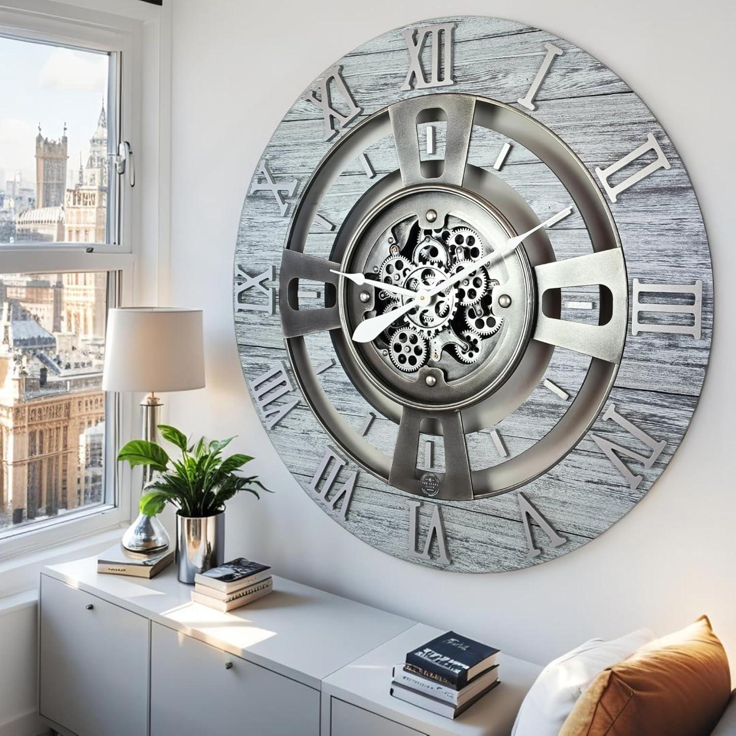 The Gears Clock Wall Clock 36" Oversized for Living Room decor with Real Moving Gears England Collection & Reviews | Wayfair