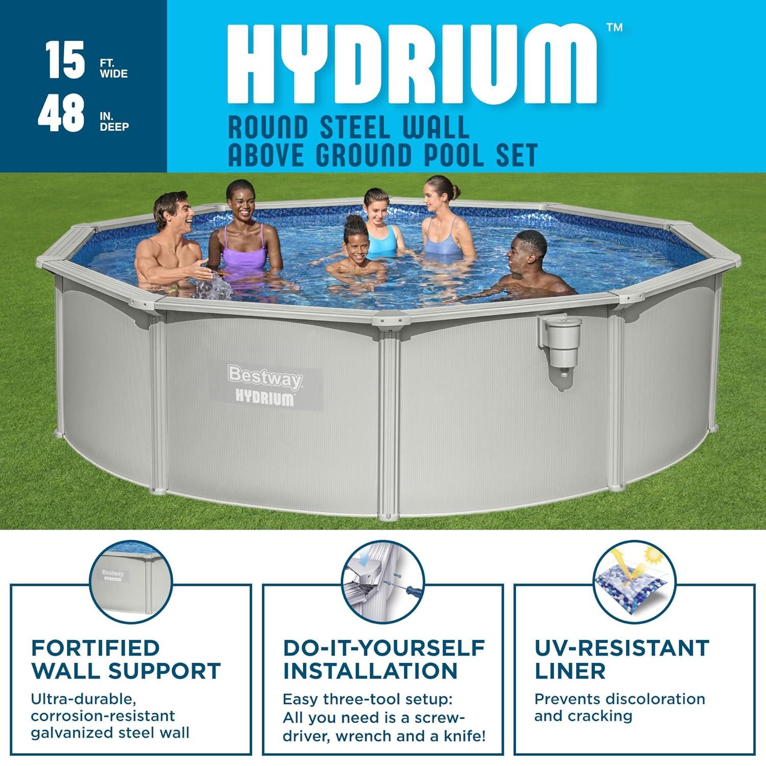 Bestway Hydrium 15' x 48" Steel Wall Above Ground Swimming Pool Set, Gray