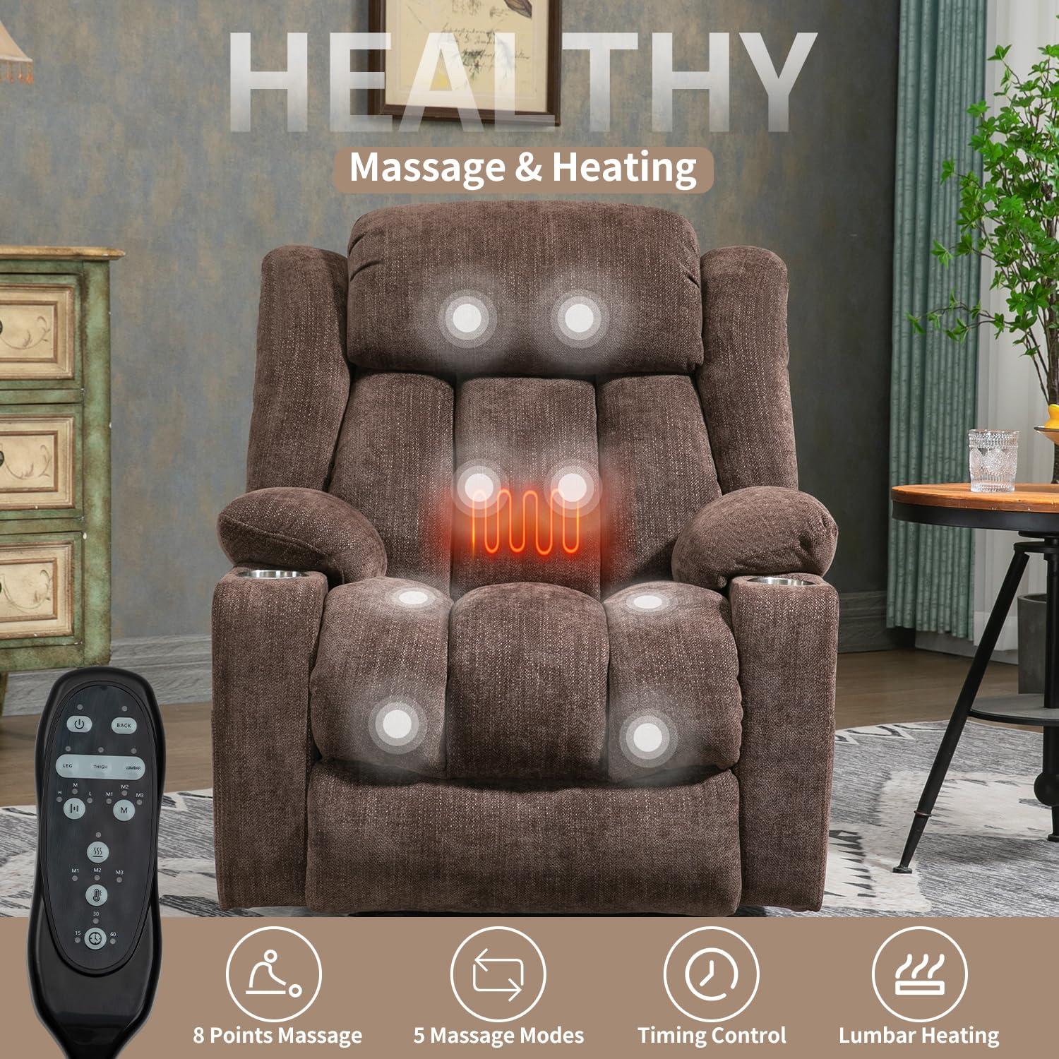 Power Lift Chair with Full-Body Massage and Heat, Electric Recliner Chairs for Adults, Remote Control, Standing Assistance, USB Ports, Stainless Steel Cup Holders, Chenille Brown