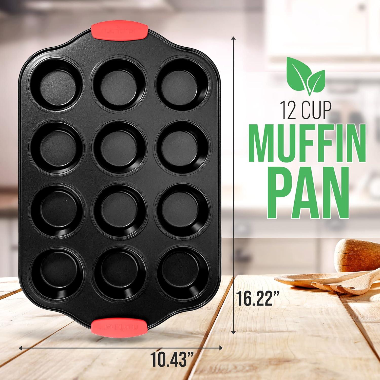 NutriChef 12-Cup Nonstick Carbon Steel Muffin Pan with Red Silicone Handles