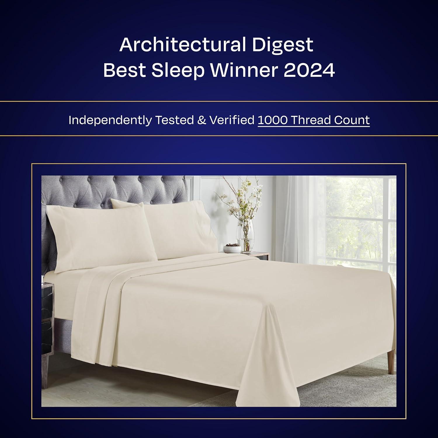 Luxury 1000 Thread Count Bed Sheets Set - 100% Cotton Sateen - Soft, Thick & Deep Pocket by California Design Den - Ivory, King