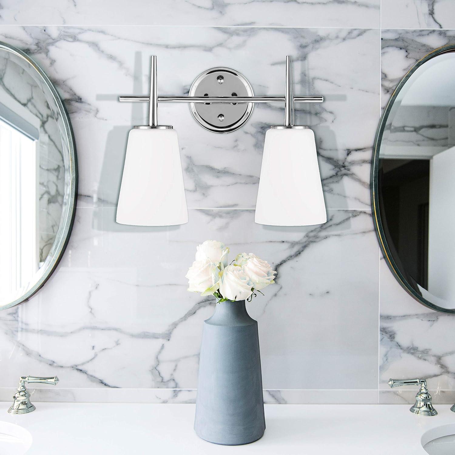 Driscoll 15.5 in. 2-Light Contemporary Modern Chrome Wall Bathroom Vanity Light with Etched White Glass Shades