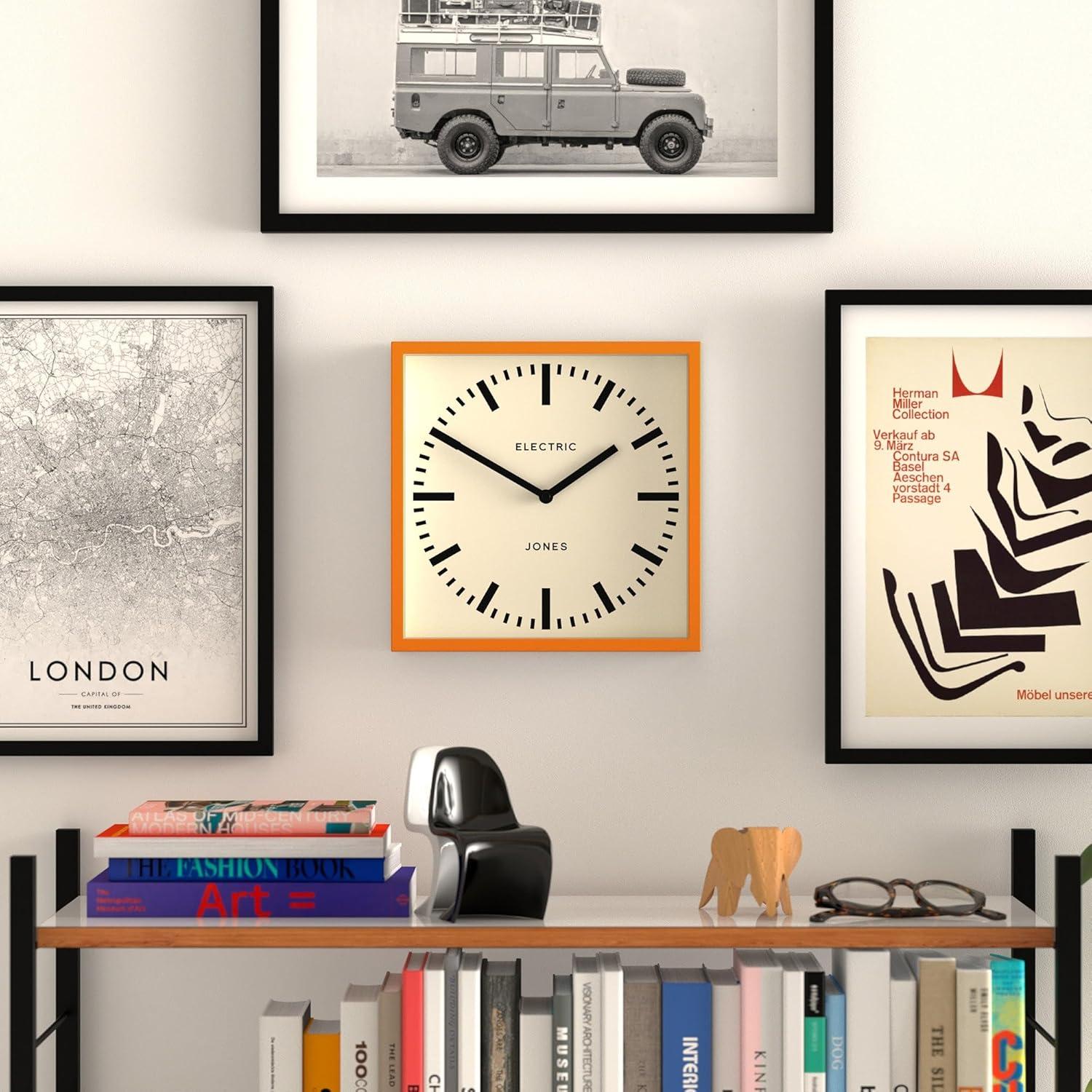 JONES CLOCKS® Box Railway Wall Clock | Square Station Clock | 10 inch | Cool Designer Look for Kitchen, Living Room or Office (Orange)