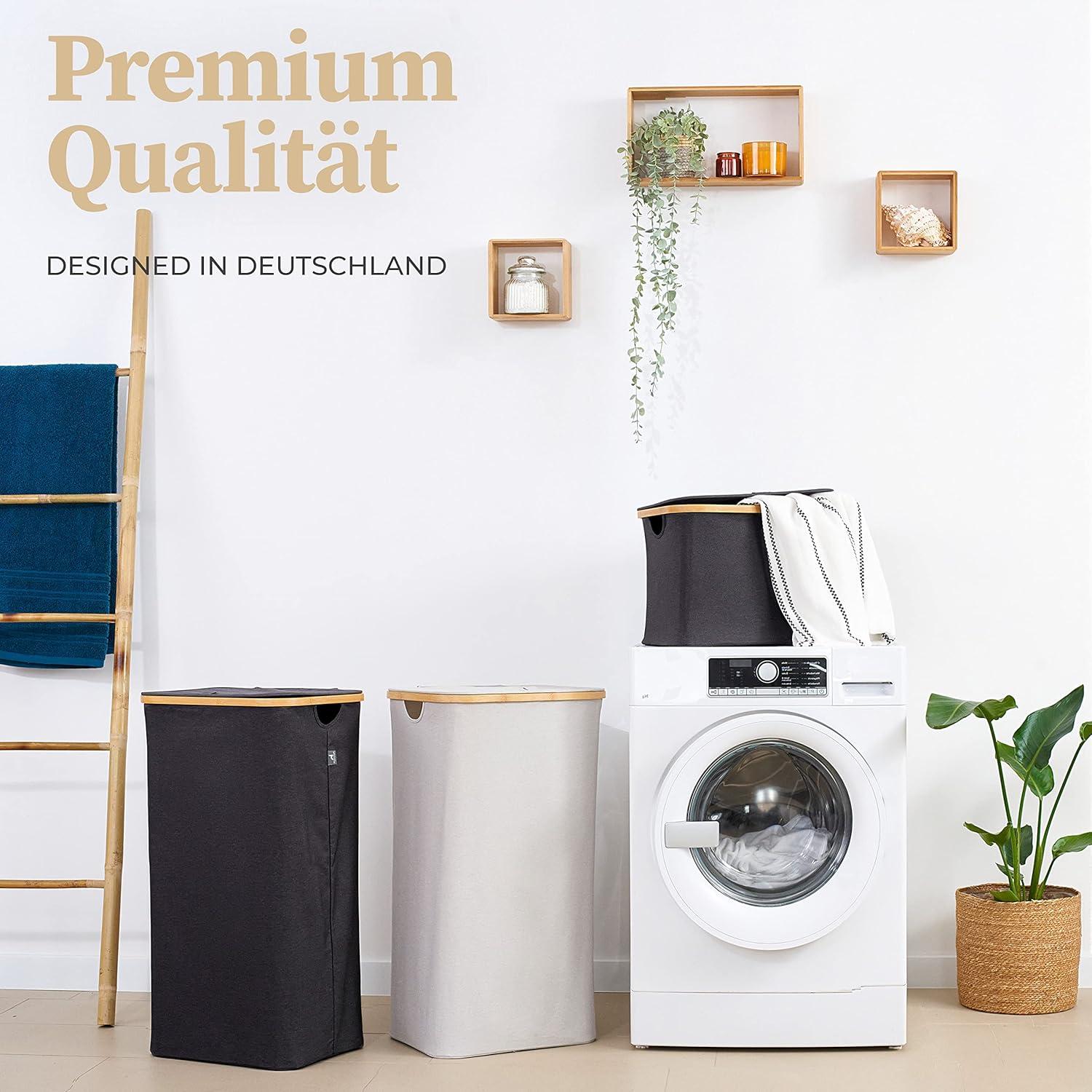 Hennez® Double Laundry Hamper with Lid, 2x Removable Bags, Thic Fabric, Bamboo Hamper 140Liter - 36gal - Light Gray