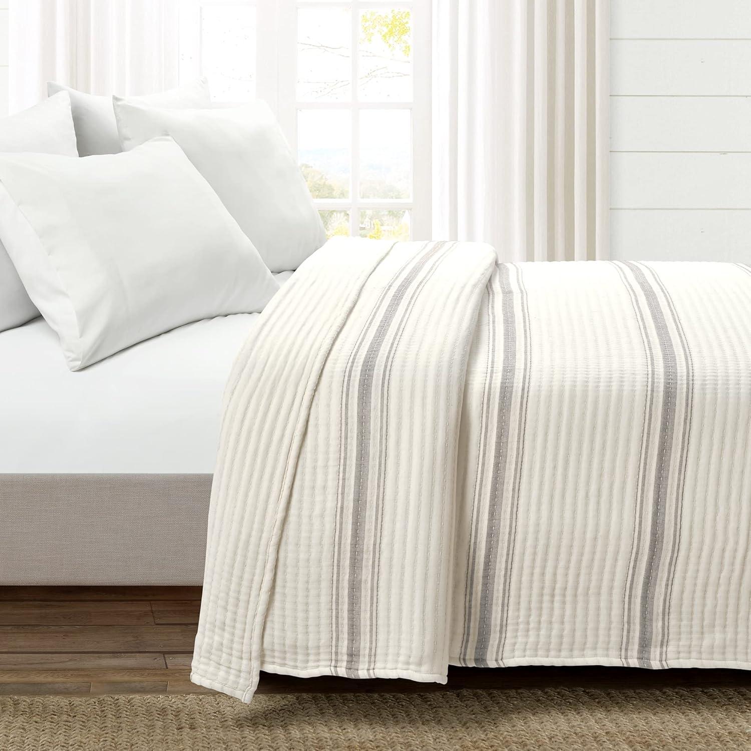 Full/Queen Farmhouse Stripe Kantha Pick Sti Thread Counth Yarn Dyed Woven Single Quilt/Coverlet Gray - Lush Décor