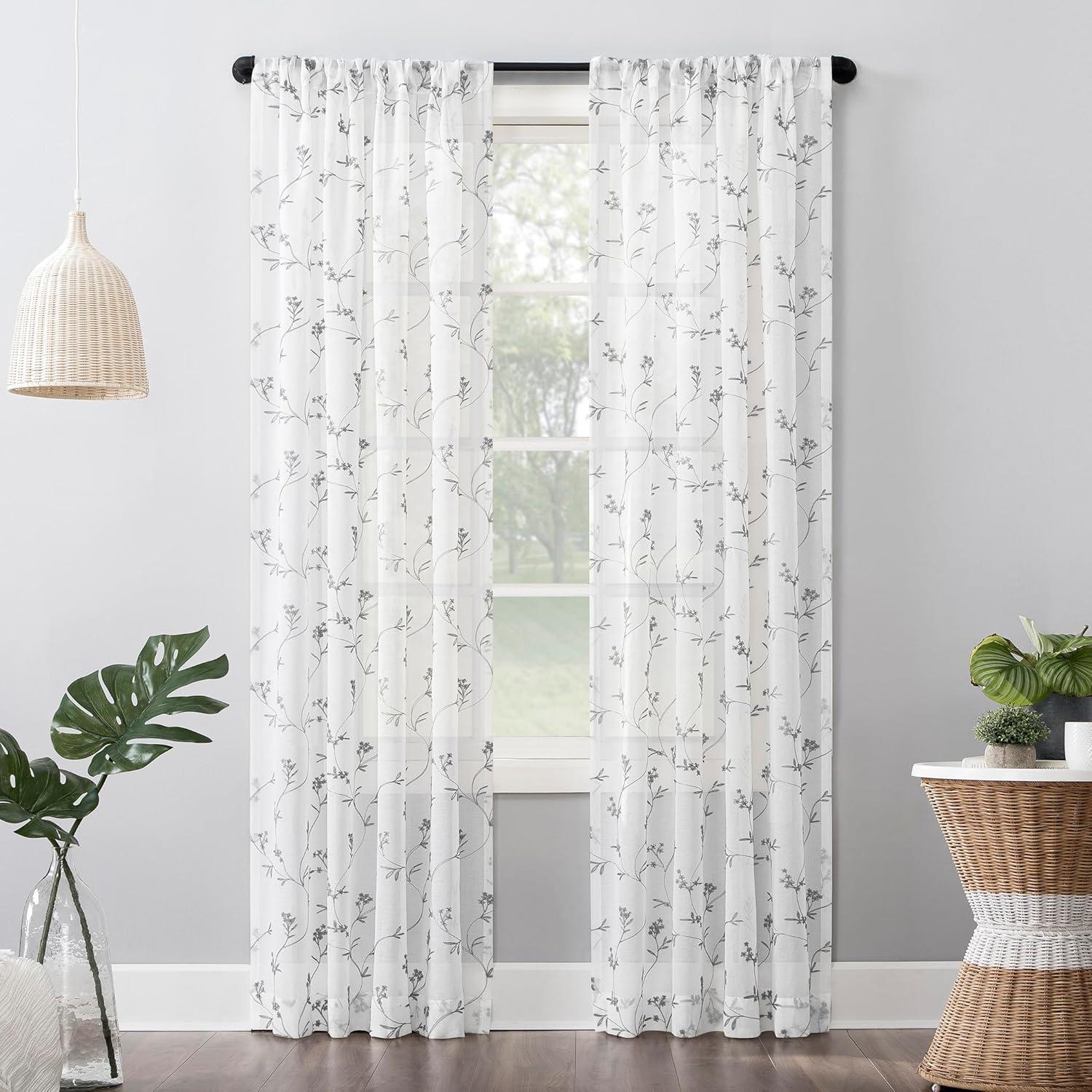 84"x50" Delia Embroidered Floral Sheer Rod Pocket Curtain Panel White - No. 918: Modern Botanical Indoor Curtain