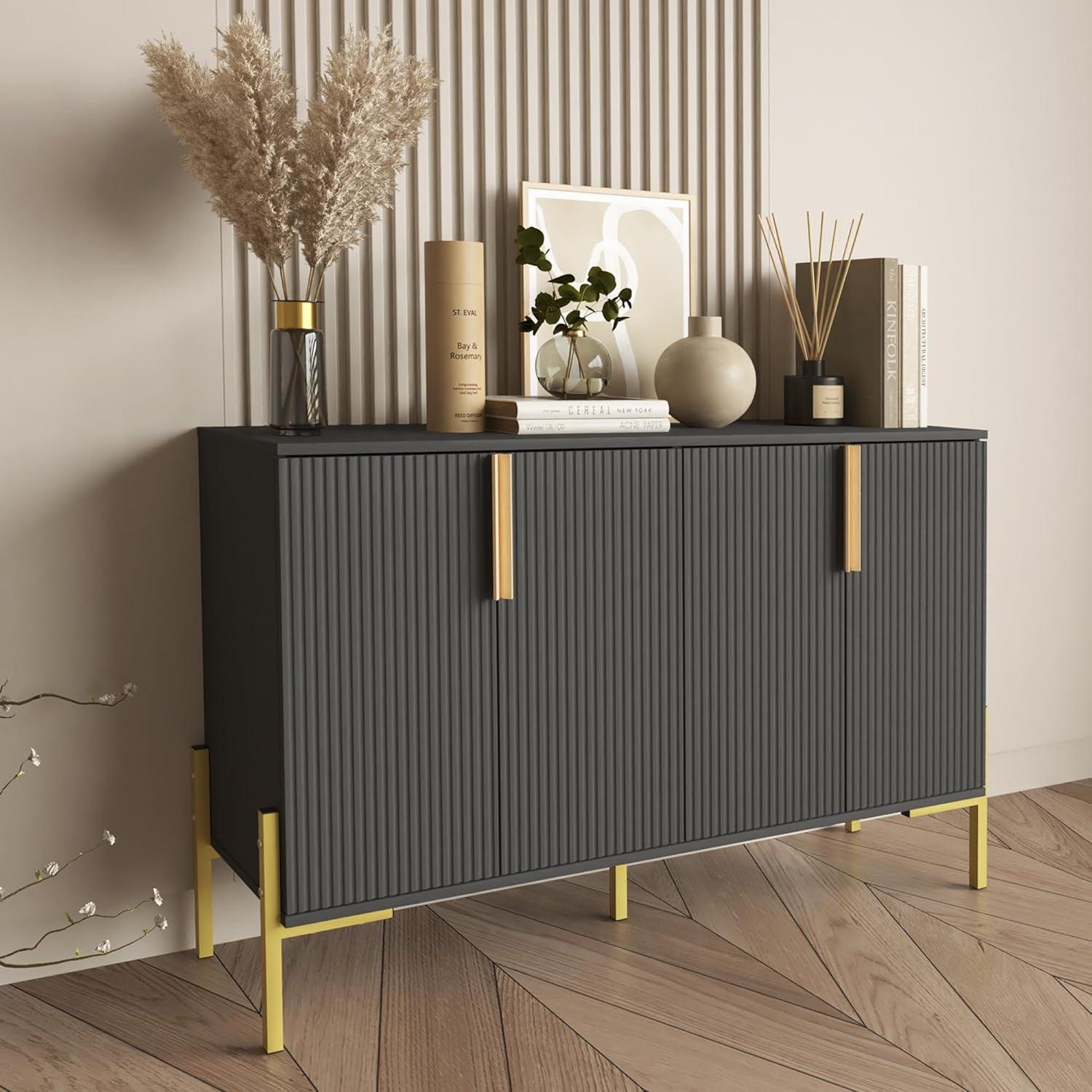 4 Doors Sideboard Buffet Cabinet with Adjustable Shelves,Modern Accent Sideboard with Golden Legs,Wide Storage Cabinet for Kitchen,Living Room,Black
