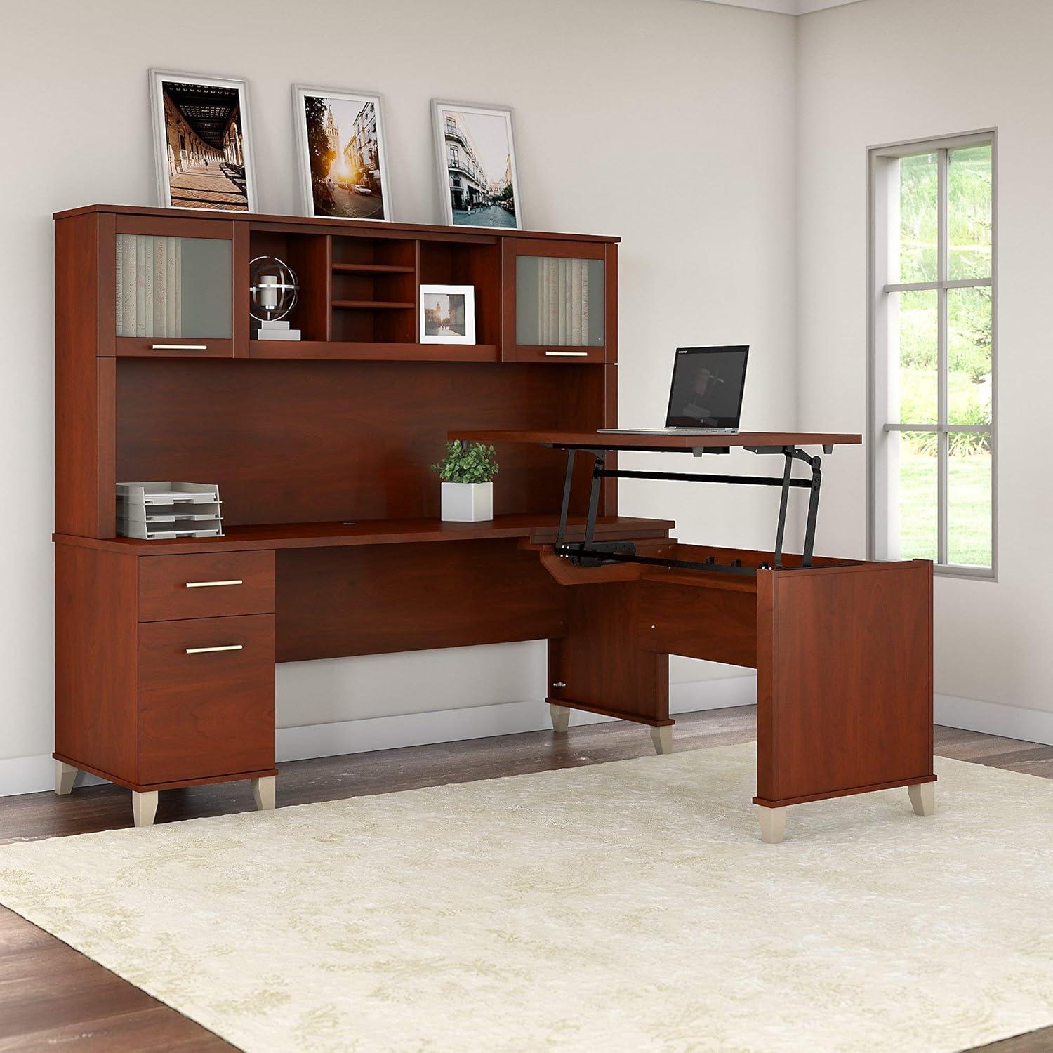 Hansen Cherry L-Shaped Sit to Stand Desk with Hutch and Drawers