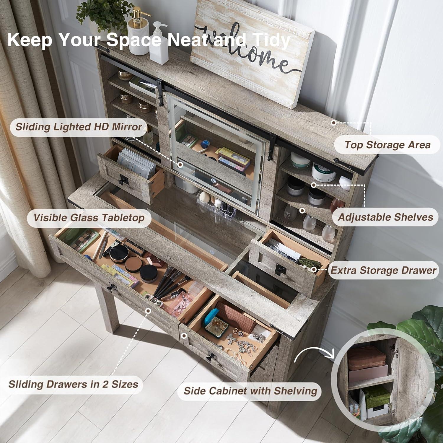 OKD Farmhouse Rustic Makeup Vanity Desk with Sliding Mirror and Lights, Glass Top Vanity Set with Charging Station, 4 Drawers & 1 Cabinet, Includes Stool - Big Vanity for Bedroom, Light Rustic Oak