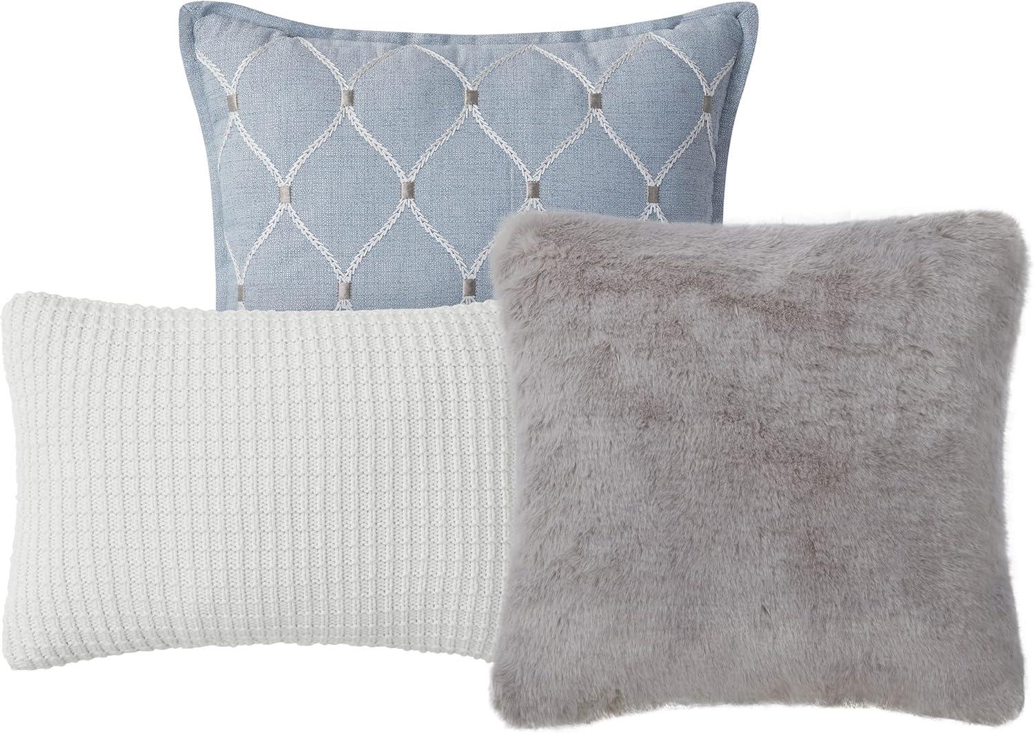 Blue and Taupe Embroidered Faux Fur Pillow Set