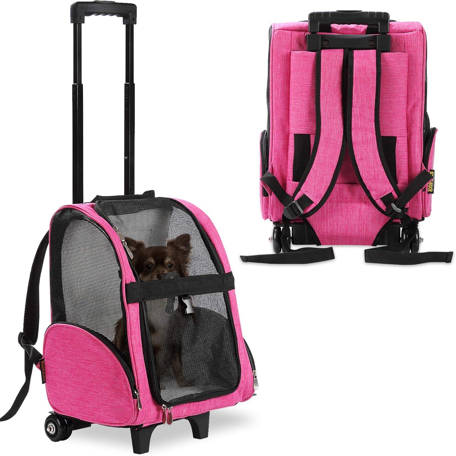 Pink Rolling Backpack Pet Carrier with Mesh Panels