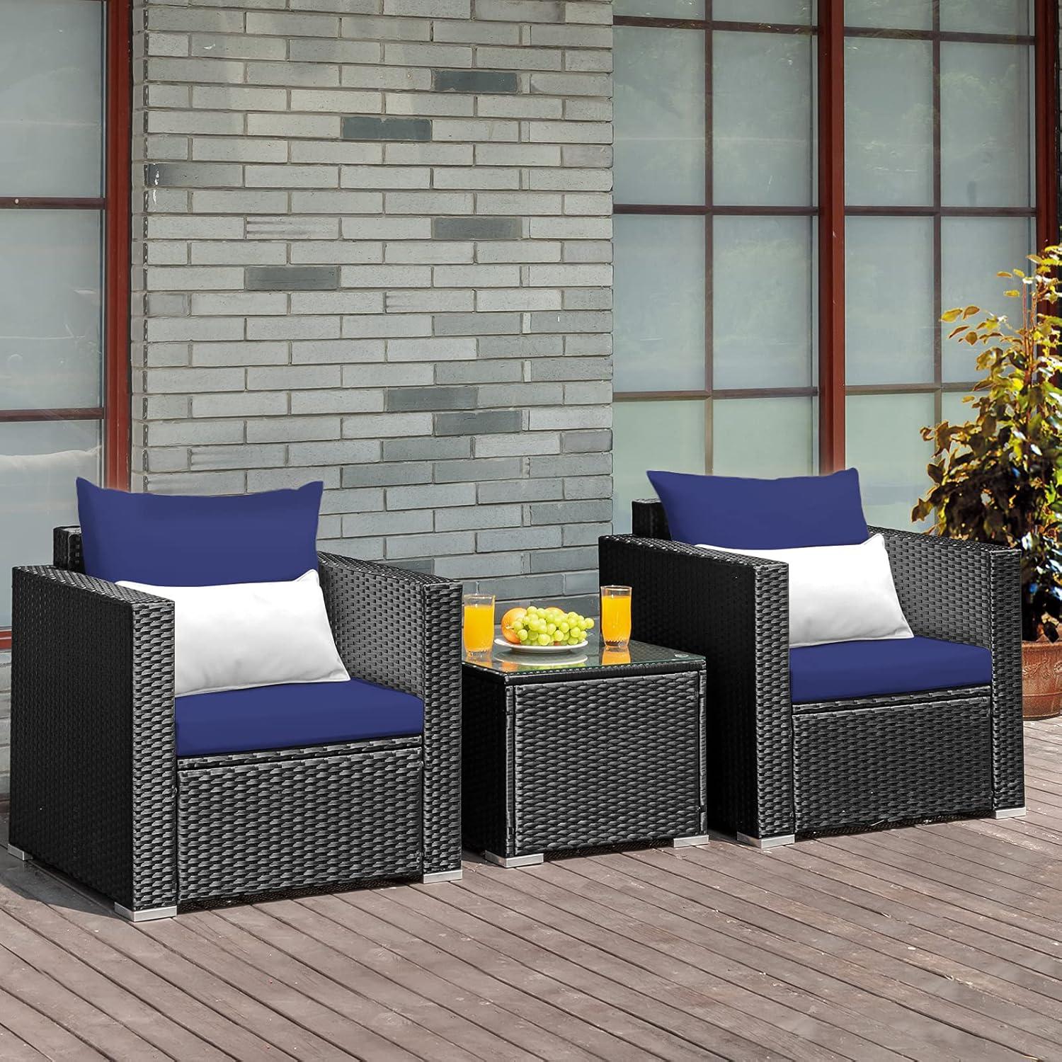 Kadyn Patio Furniture Sets, Outdoor Bistro Conversation Set, 3 Pieces Patio Wicker Conversation Set with Cushion-Navy
