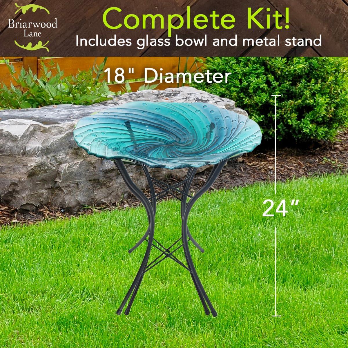 Blue Swirl Glass Birdbath with Metal Stand