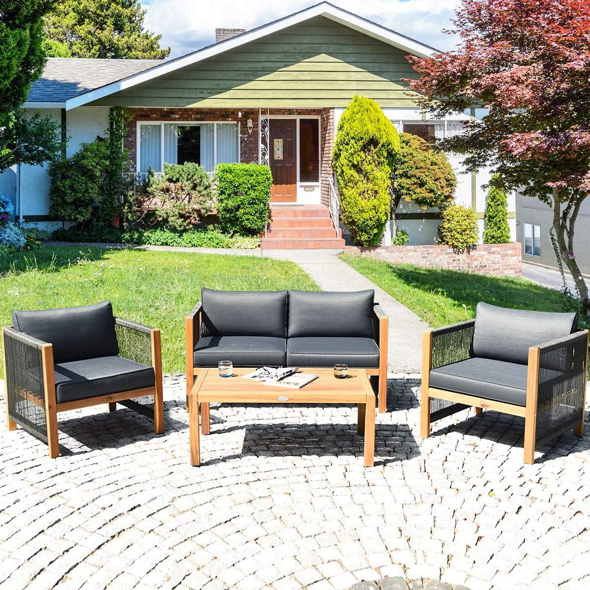 Highland Dunes Menges Outdoor Patio 4 Pieces Acacia Wood Sofa Set with Cushions
