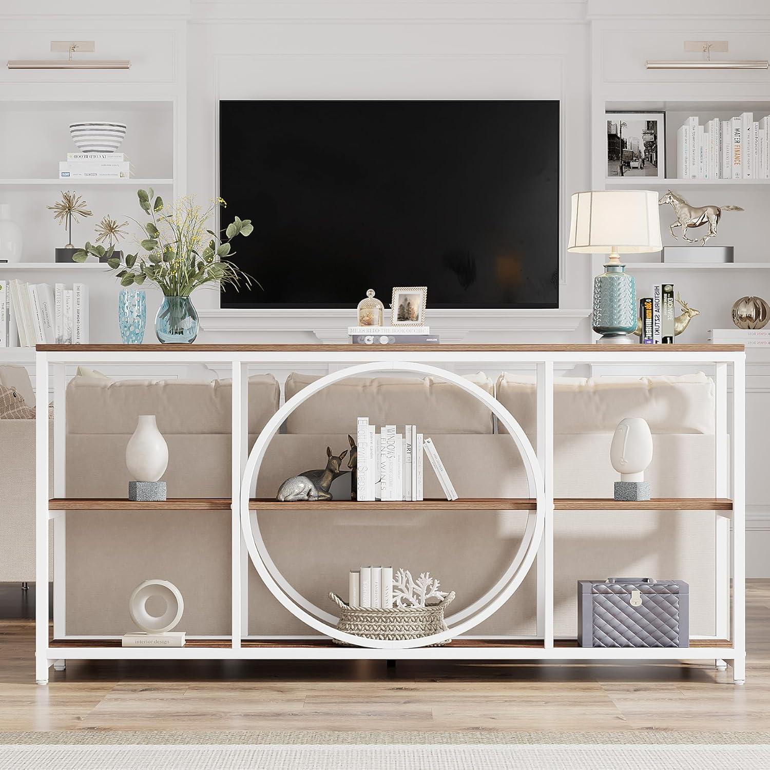 GVN Console Table, Entryway Table, 70.9" Console Table, Narrow Sofa Table with 3 Tier Storage Shelves,White & Walnut