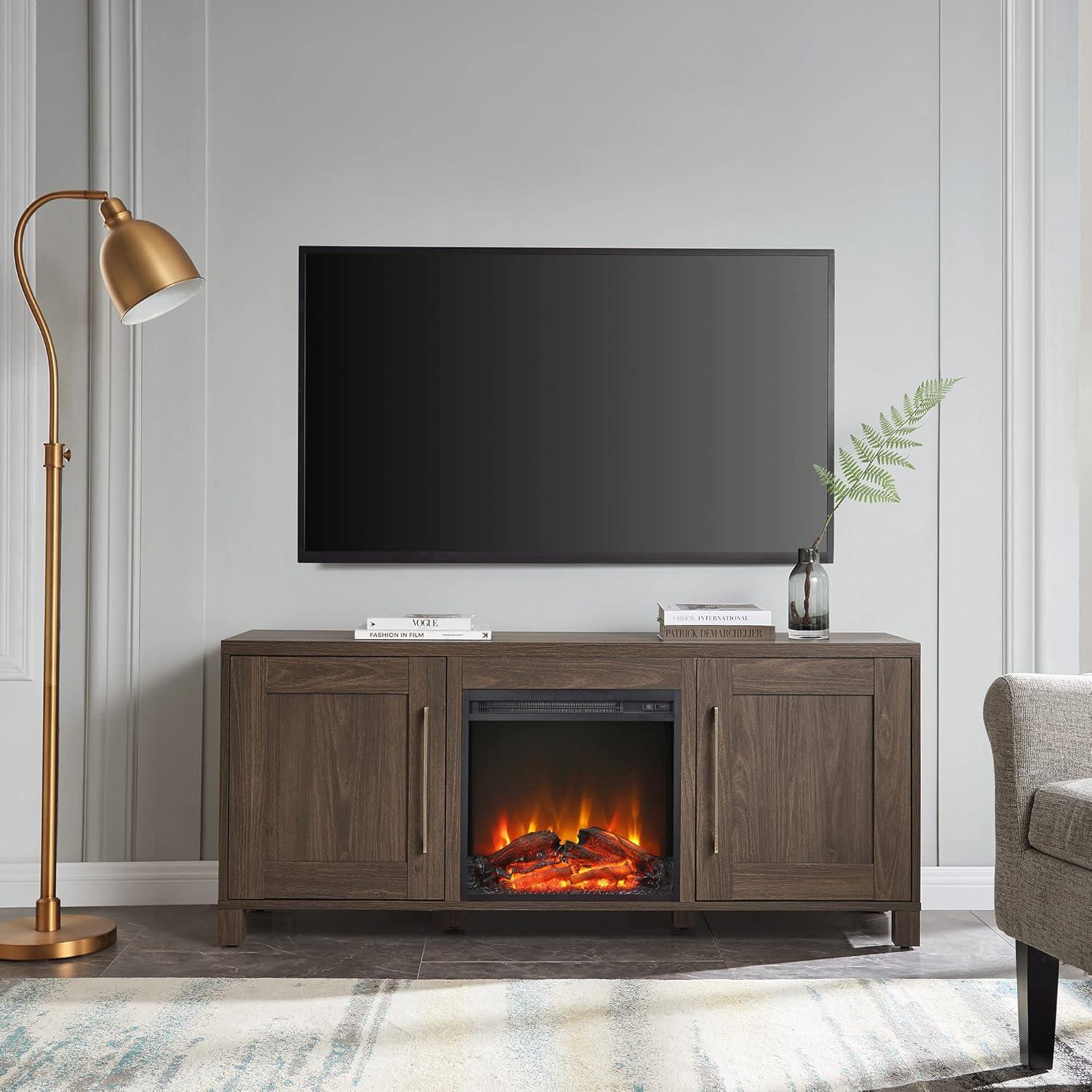 Alder Brown Transitional 58" TV Stand with Electric Fireplace and Cabinets