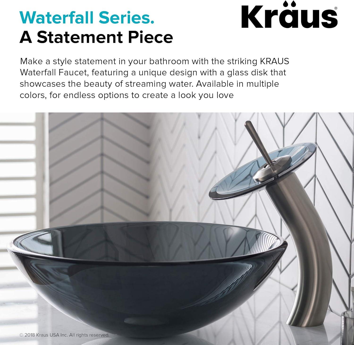 KRAUS Tall Waterfall Bathroom Faucet for Vessel Sink with Frosted Black Glass Disk, Satin Nickel Finish