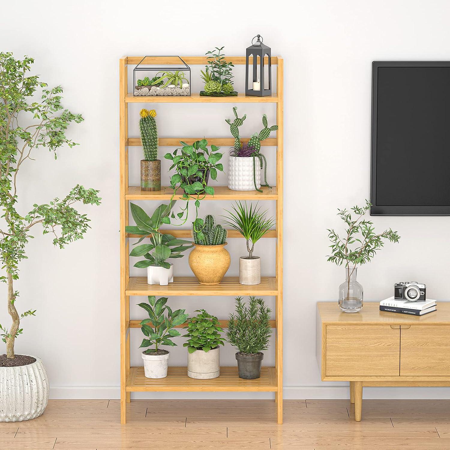 Natural Bamboo 4-Tier Ladder Shelf for Books and Plants