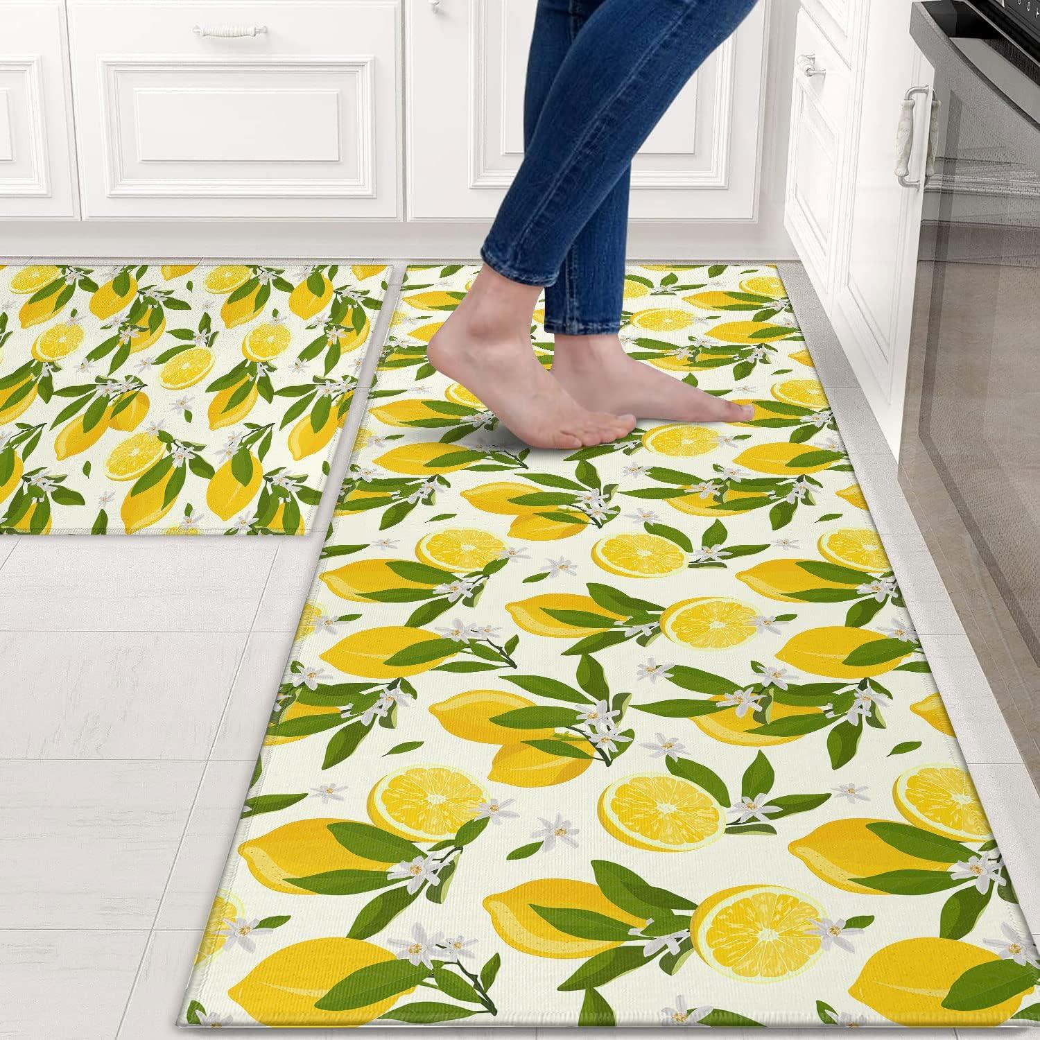 Lemon Kitchen Mats Cushioned Anti Fatigue 2 Piece Set, Memory Kitchen Mat Set Of 2, Farmhouse Kitchen Runner Rug and Waterproof Kitchen Mat for Home Kitchen Decor or Office 17"x30"+17"x47"