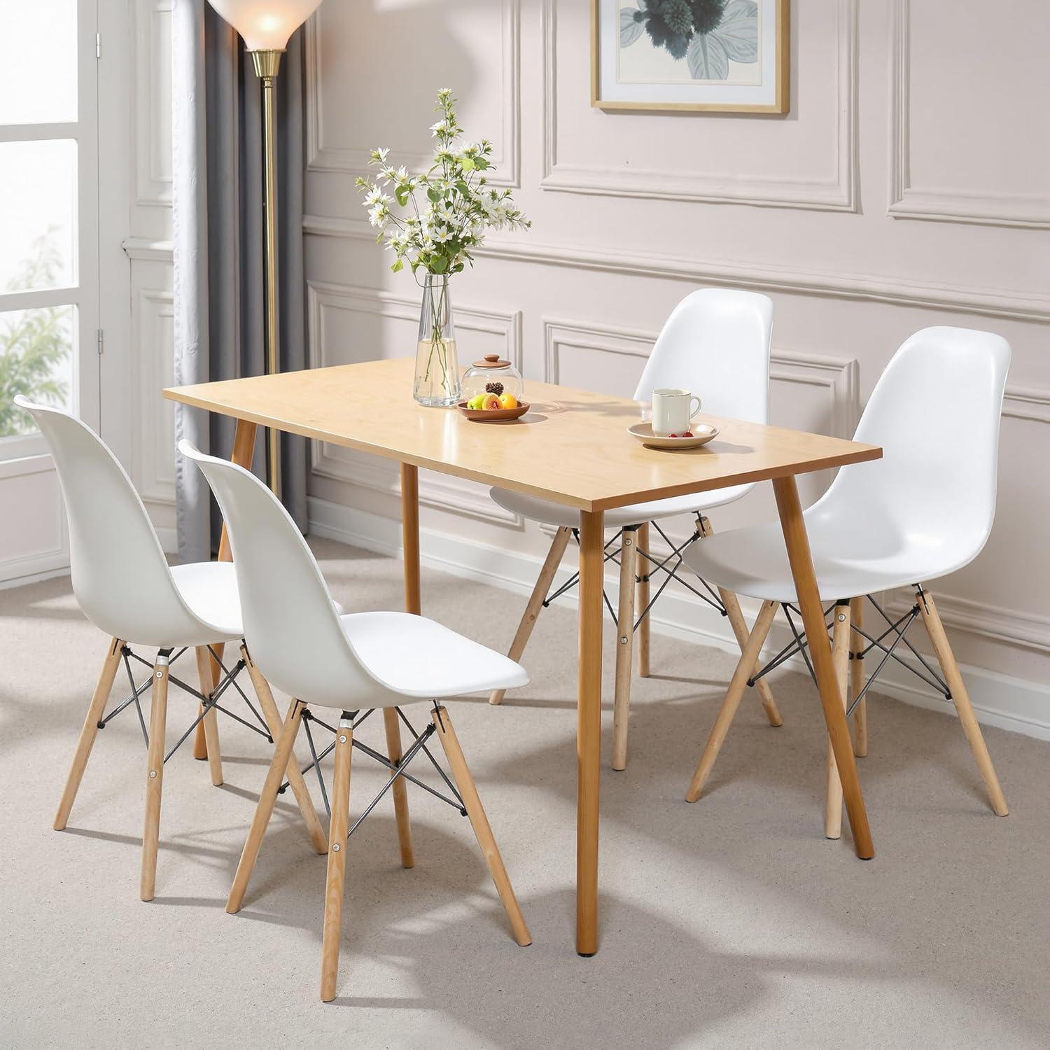 CangLong Modern Style Dining Chairs, Mid Century Plastic Dining Chair with Wood Legs, for Kitchen, Dining, Bedroom, Living Room, Set of 4, White