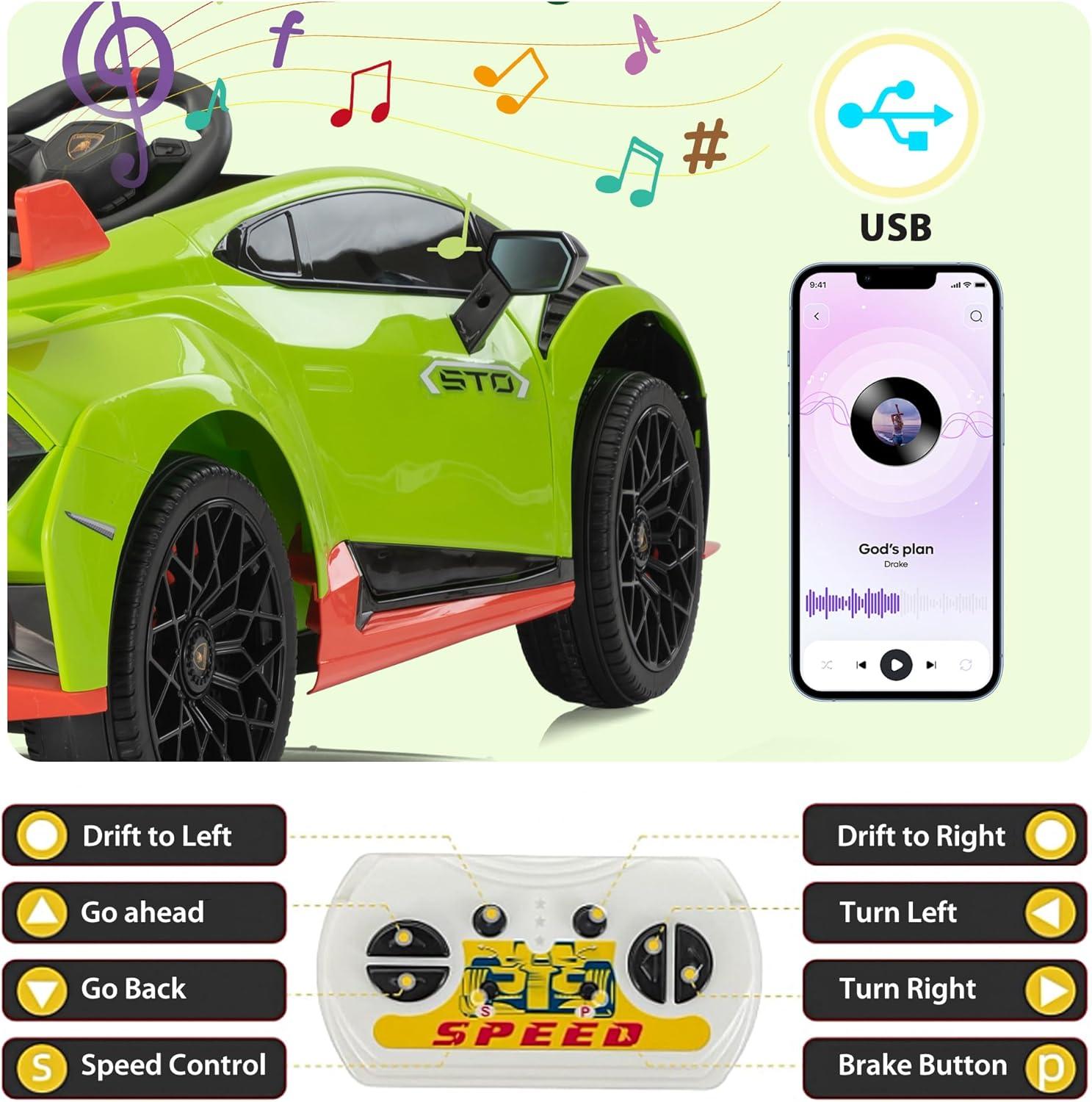 Track 7 12V Kids Ride on Car, Licensed Lamborghini STO Electric Car for Kids Age 3+, Remote Control, Music, Motorized Drift Electric Vehicle, Max Speed 5mph, Green