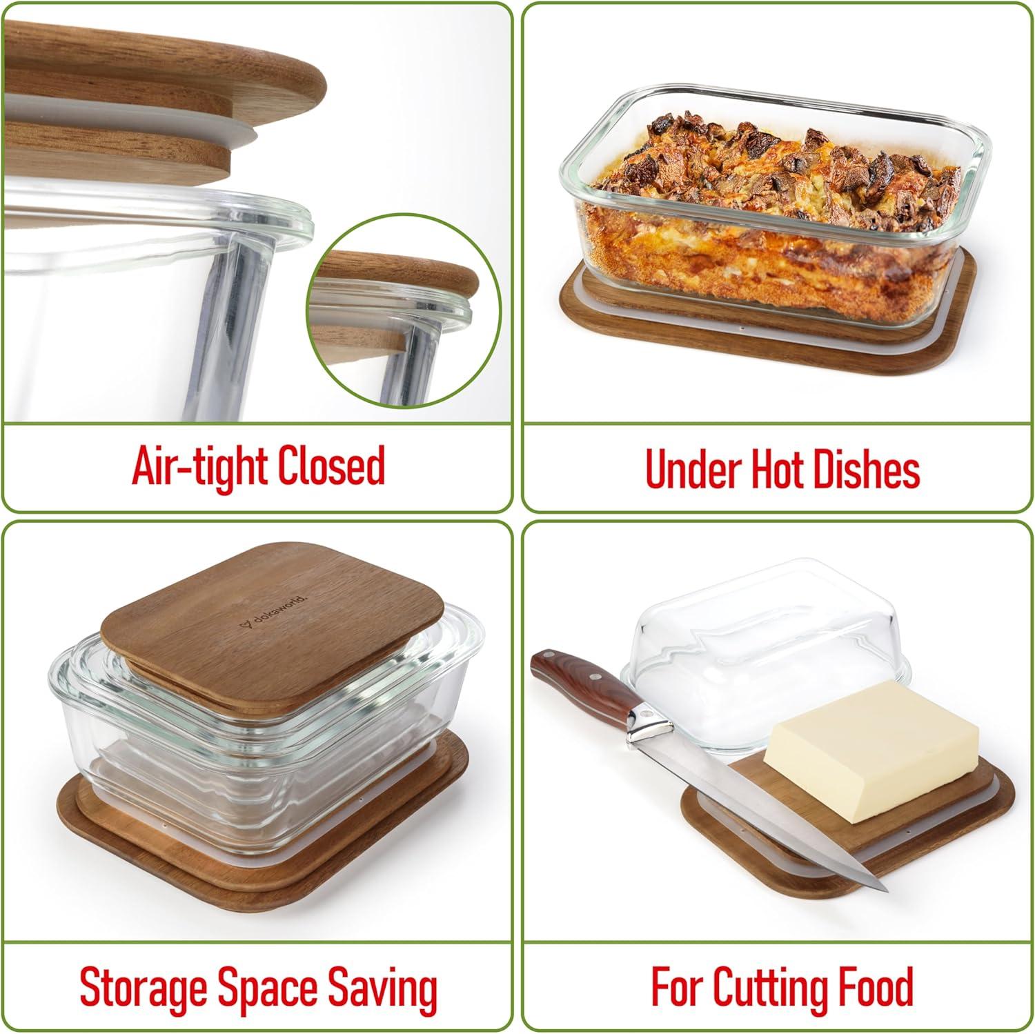 Amber Glass Meal Prep Containers with Acacia Lids, Set of 4