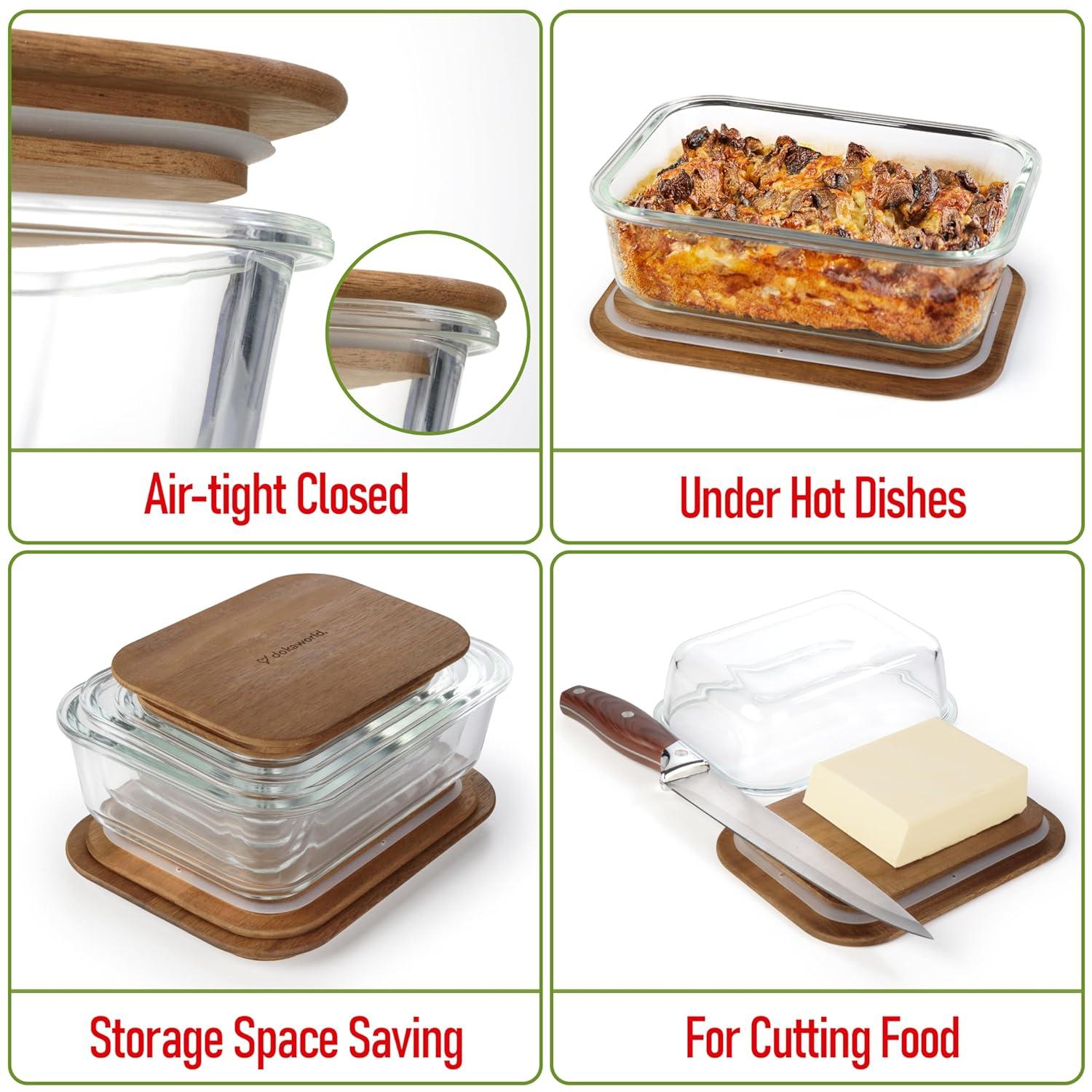 Amber Glass Meal Prep Containers with Acacia Lids, Set of 4