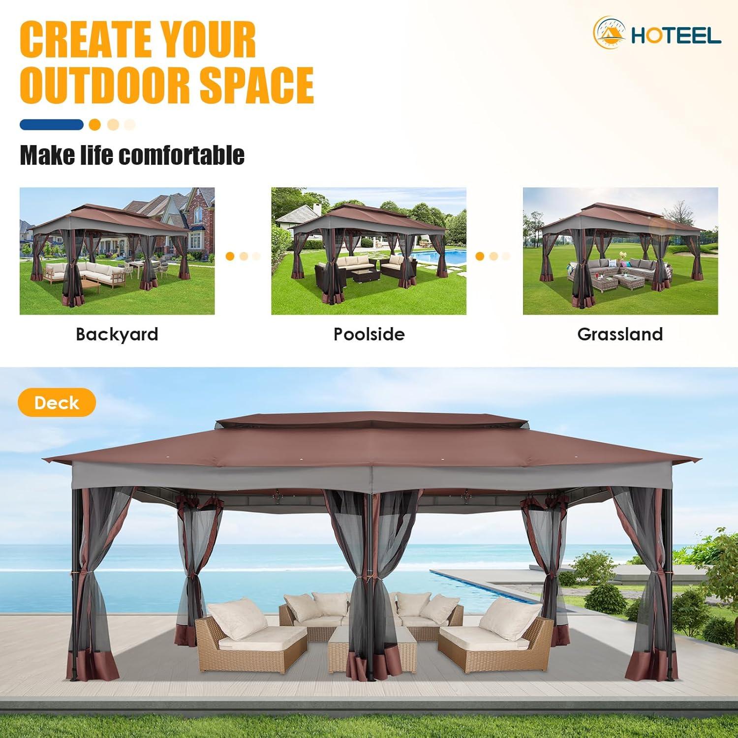 HOTEEL 10x20 Gazebo on Clearance, Outdoor Gazebo Tent with Mosquito Netting and Ventilated Double Flat Roof, Easy Set up Canopy Tent with Stable Metal Frame for Patio, Khaki (Upgraded 2.0)
