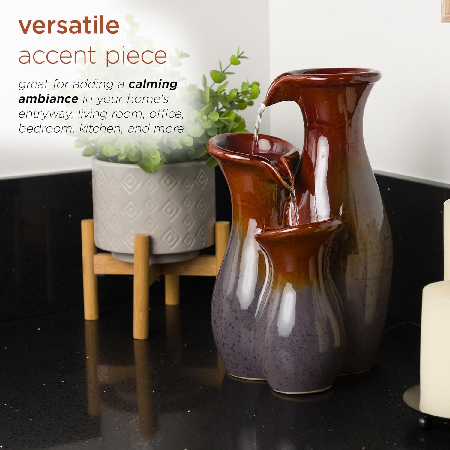 Alpine Corporation 11"H Indoor Tiered Glossy Ceramic Vase Tabletop Fountain, Brown/Gray
