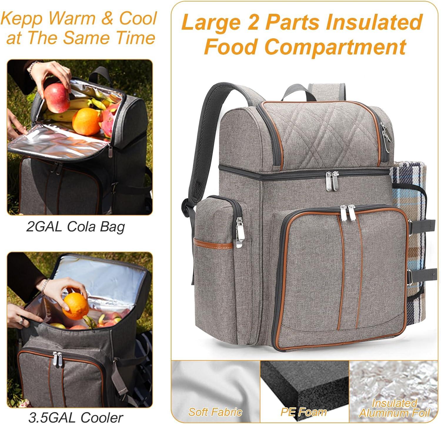 Gray Insulated Picnic Backpack with Tableware Set and Blanket