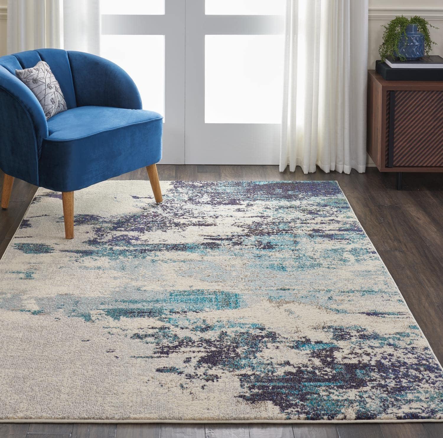 Abstract Blue and White Synthetic 5' x 7' Stain-Resistant Rug