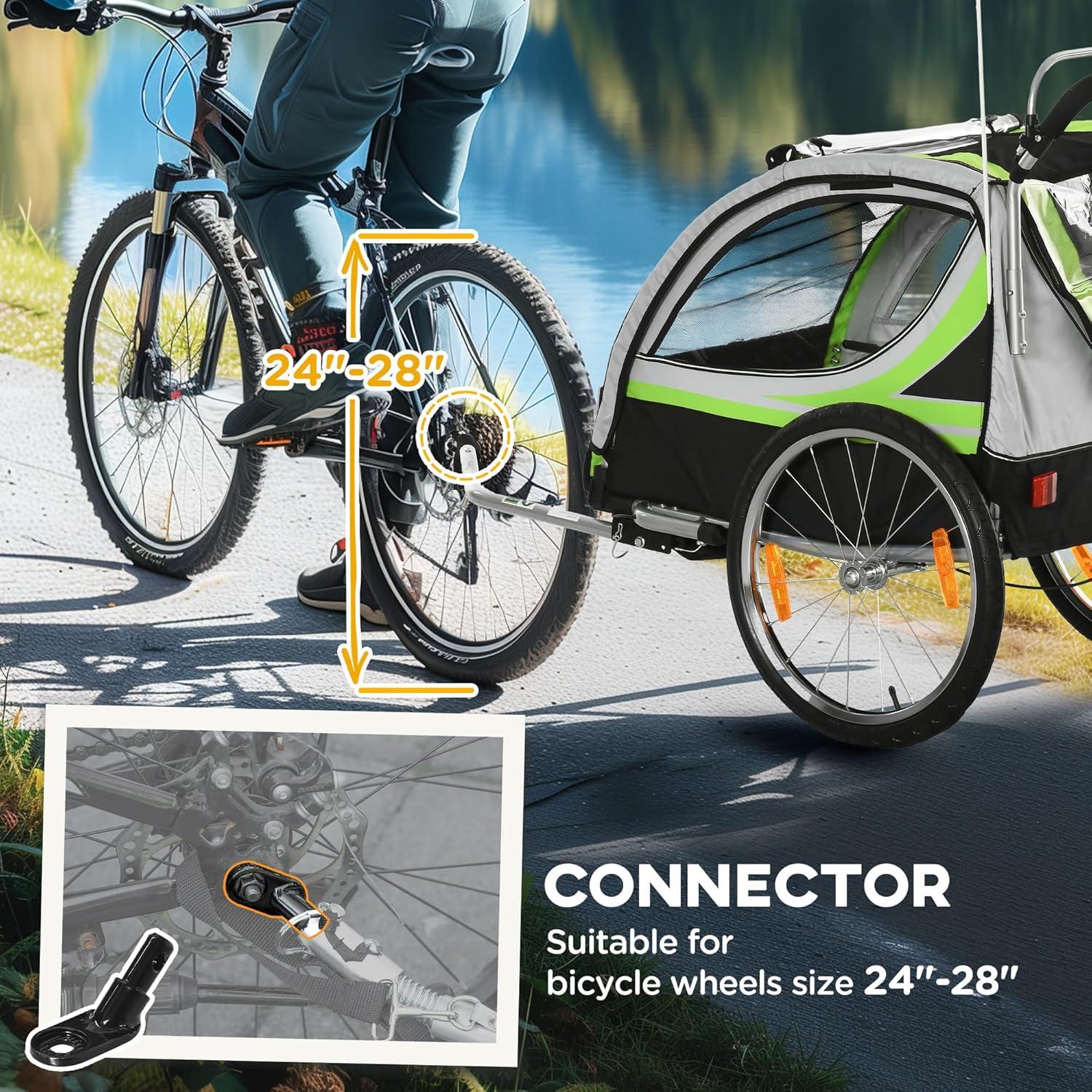 Aosom 2-in-1 Walk/Ride Child Baby Bike Trailer for Kids 2 Seater, High-Visibility Bike Stroller for Toddler Wagon, Weather-Strong Double Bicycle Trailer Accessory for Kids
