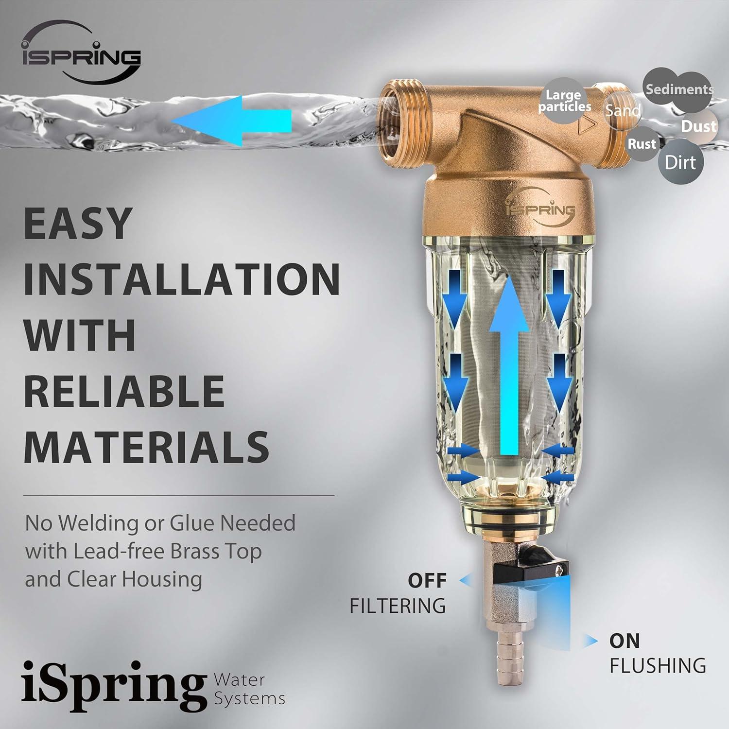 iSpring WSP-50SL Reusable Whole House Spin Down Sediment Water Filter Softener, Includes Siliphos Helps Prevent Scale and Corrosion, 1" MNPT + 3/4" FNPT, 50 Micron