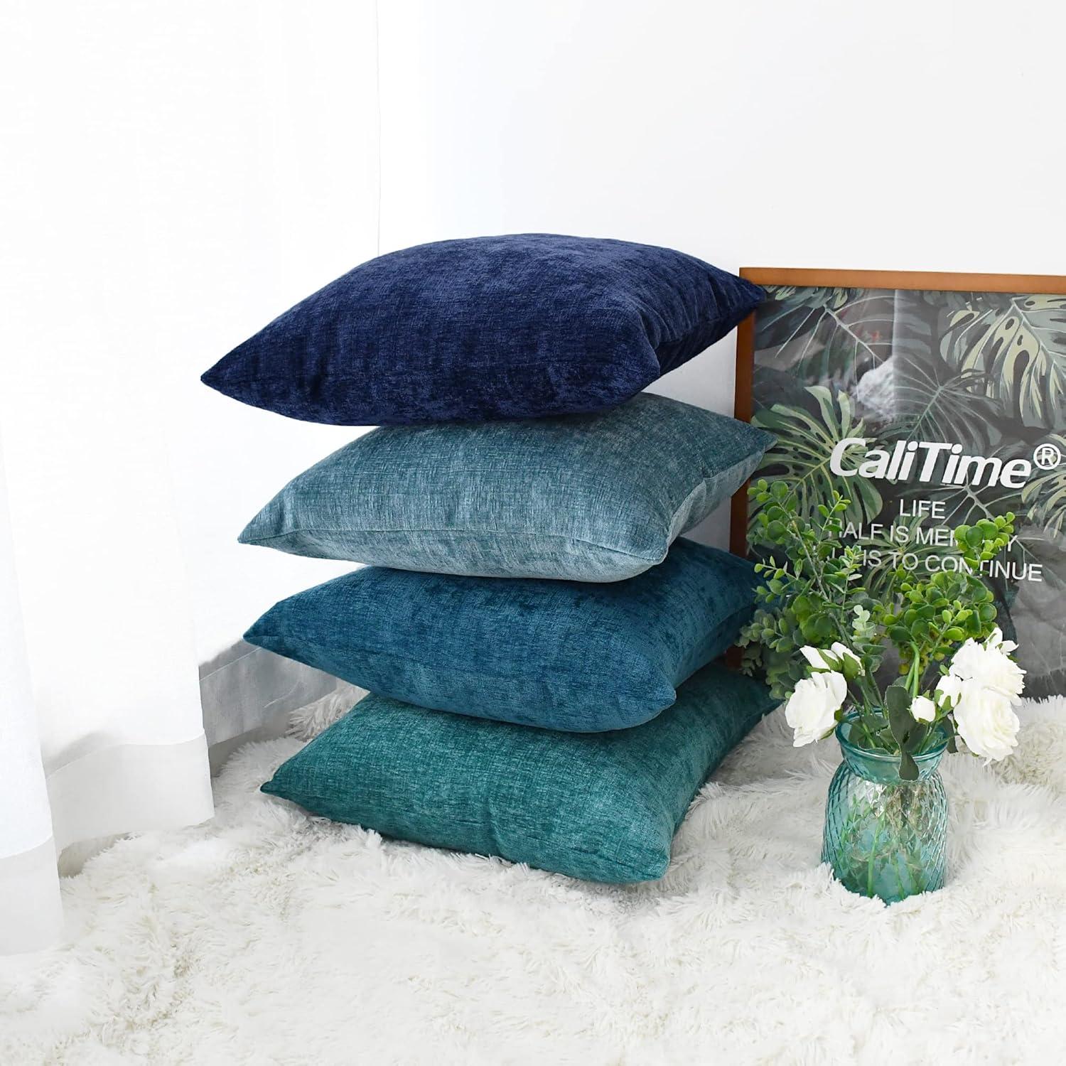 CaliTime Throw Pillow Covers Set of 4 Modern Multi-Color Matching Cozy Soft Chenille Cushion Cases Shells for Couch Sofa Home Decor 18 X 18 Inches Teal Navy Ocean Smoke Blue
