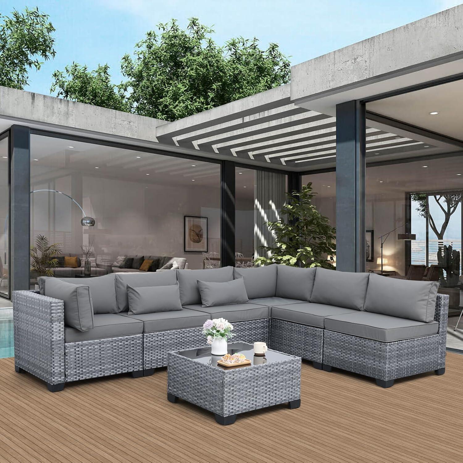 Valita 7 Piece Outdoor PE Wicker Furniture Set, Patio Gray Rattan Sectional Sofa Couch with Washable Grey Cushions