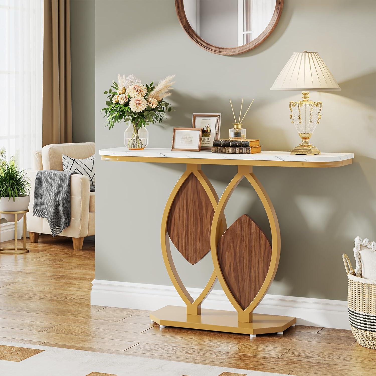 Gold and White Faux Marble Console Table with Geometric Base