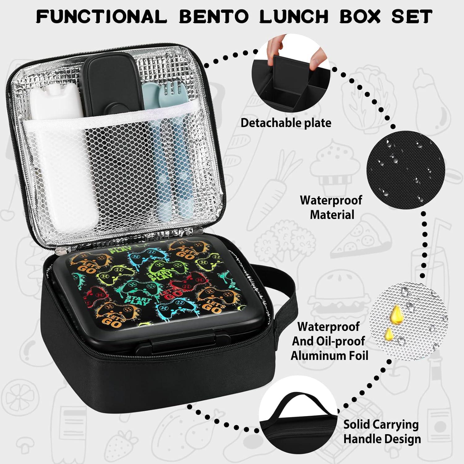 Bento Lunch Box for Kids With 8oz Soup thermo,Leak-proof Lunch Containers with 5 Compartment,thermo Food Jar and Lunch Bag, Food Containers for School (A-Black(Game Consoley))