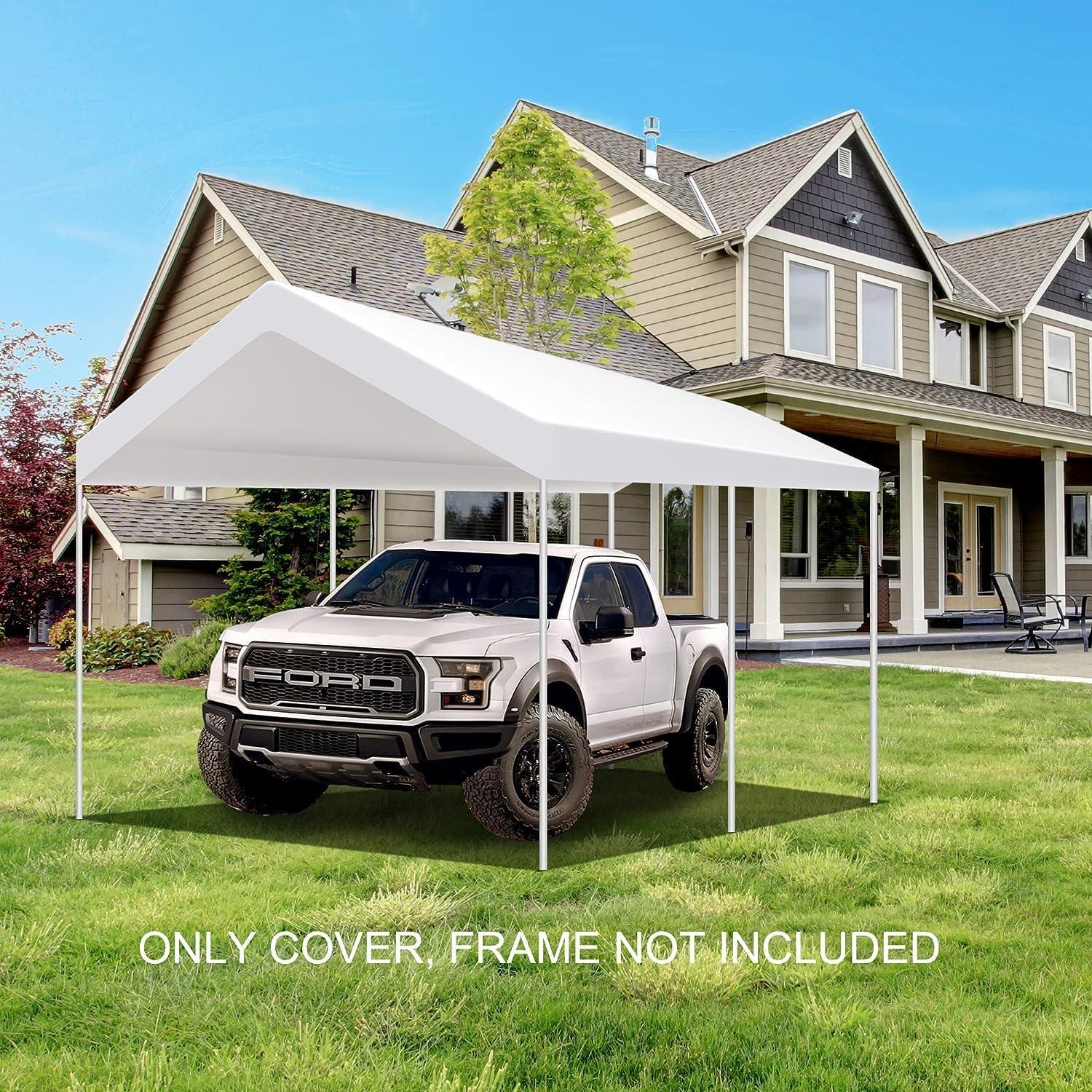 White 10'x20' PE Carport Replacement Canopy Cover with Bungees