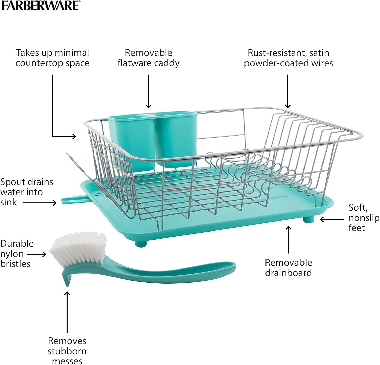 Aqua and Gray Compact Dish Rack with Utensil Holder