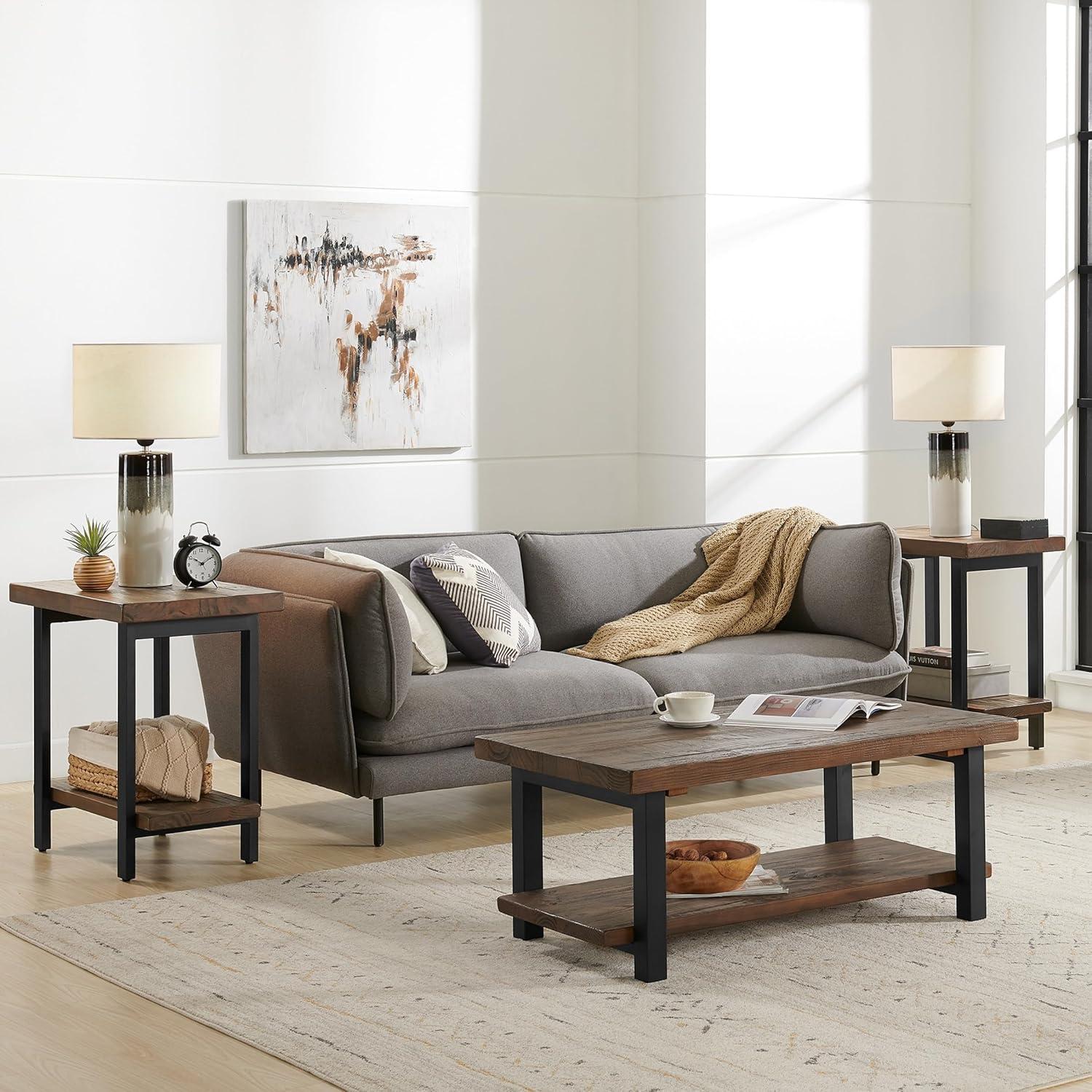Pomona Solid Wood and Metal End Table with Shelf - Alaterre Furniture: Rustic Design, Fixed Shelf, Rectangle Shape