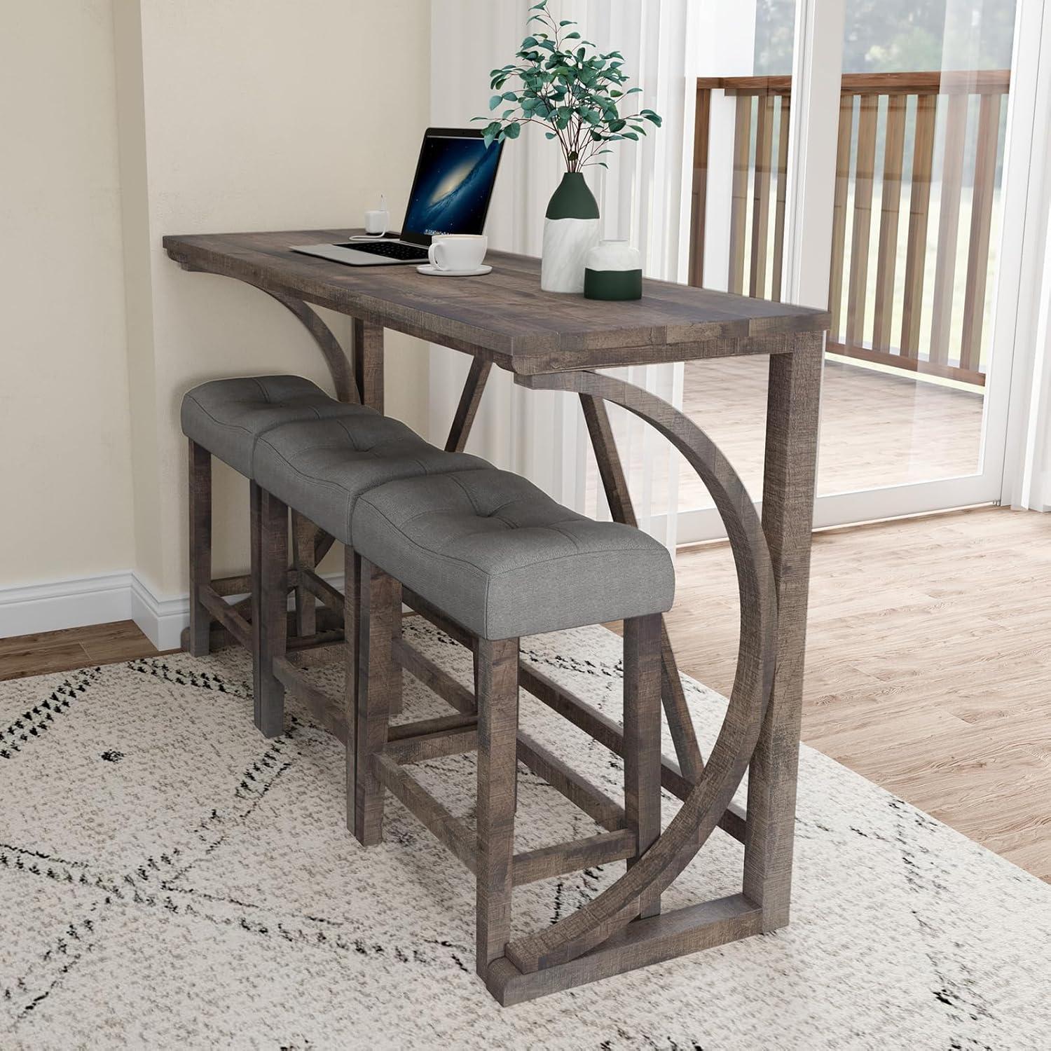 59'' Industrial 4 Piece Bar Table Set with Power Outlet Breakfast Table Set with Brown Bar Table and 3 Gray Chairs for Living Room Dining Room Game Room