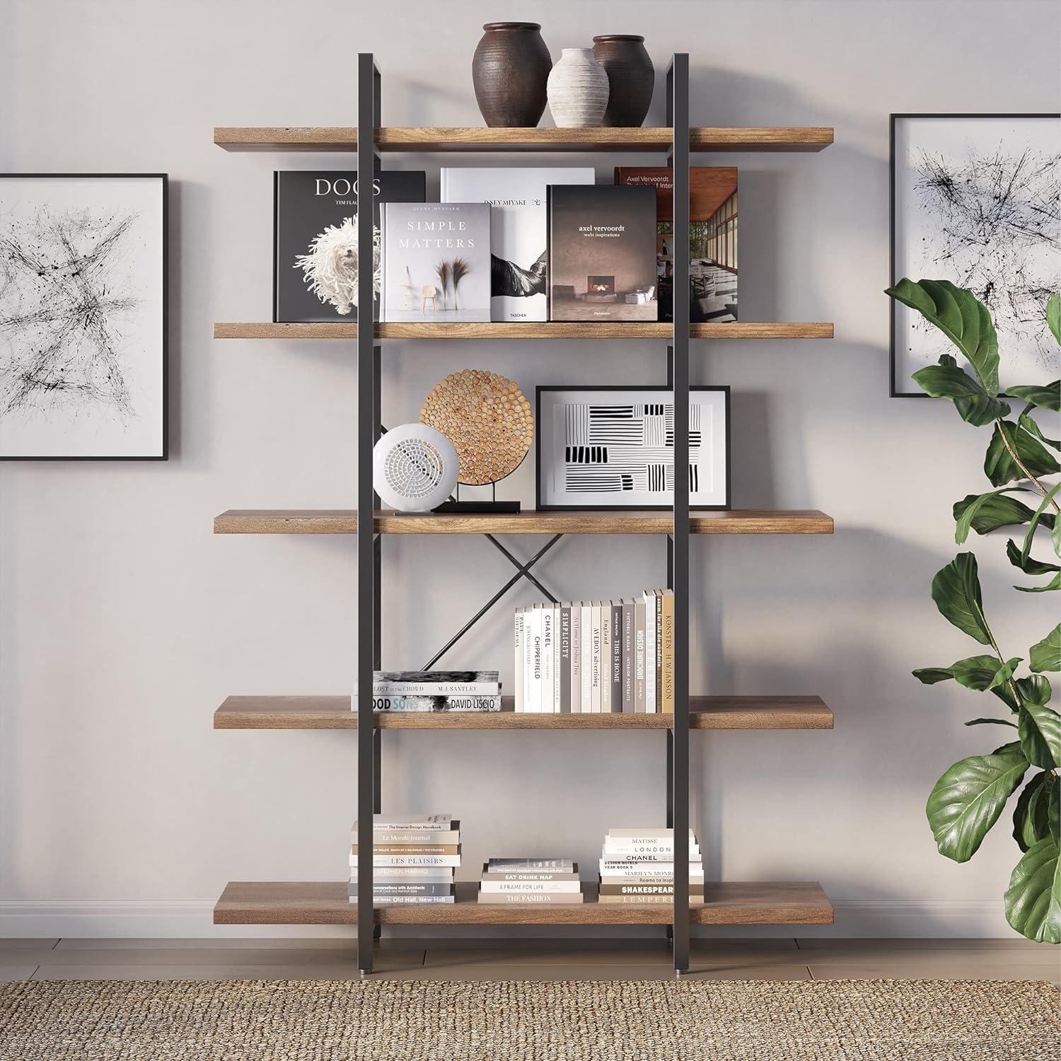 Rustic Oak 5-Tier Industrial Bookshelf with Metal Frame