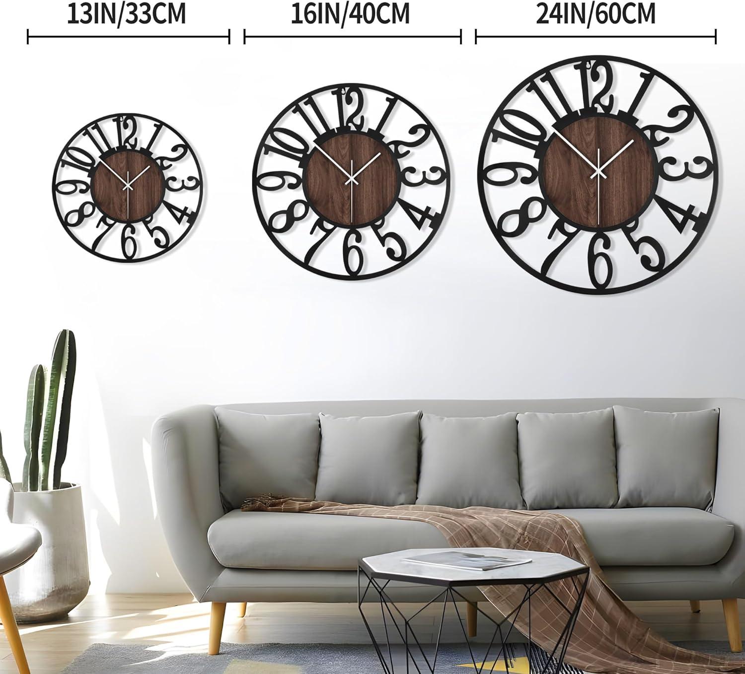 Oversized Black and Wood Silent Vintage Modern Wall Clock