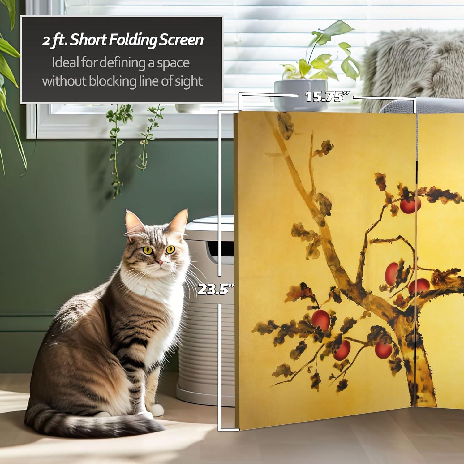 2 ft. Short Double Sided Plum Tree Canvas Folding Screen